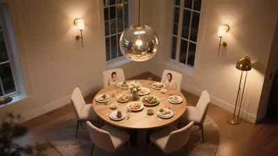 Warm Dining Room with Round Table and Gold Accent Lighting