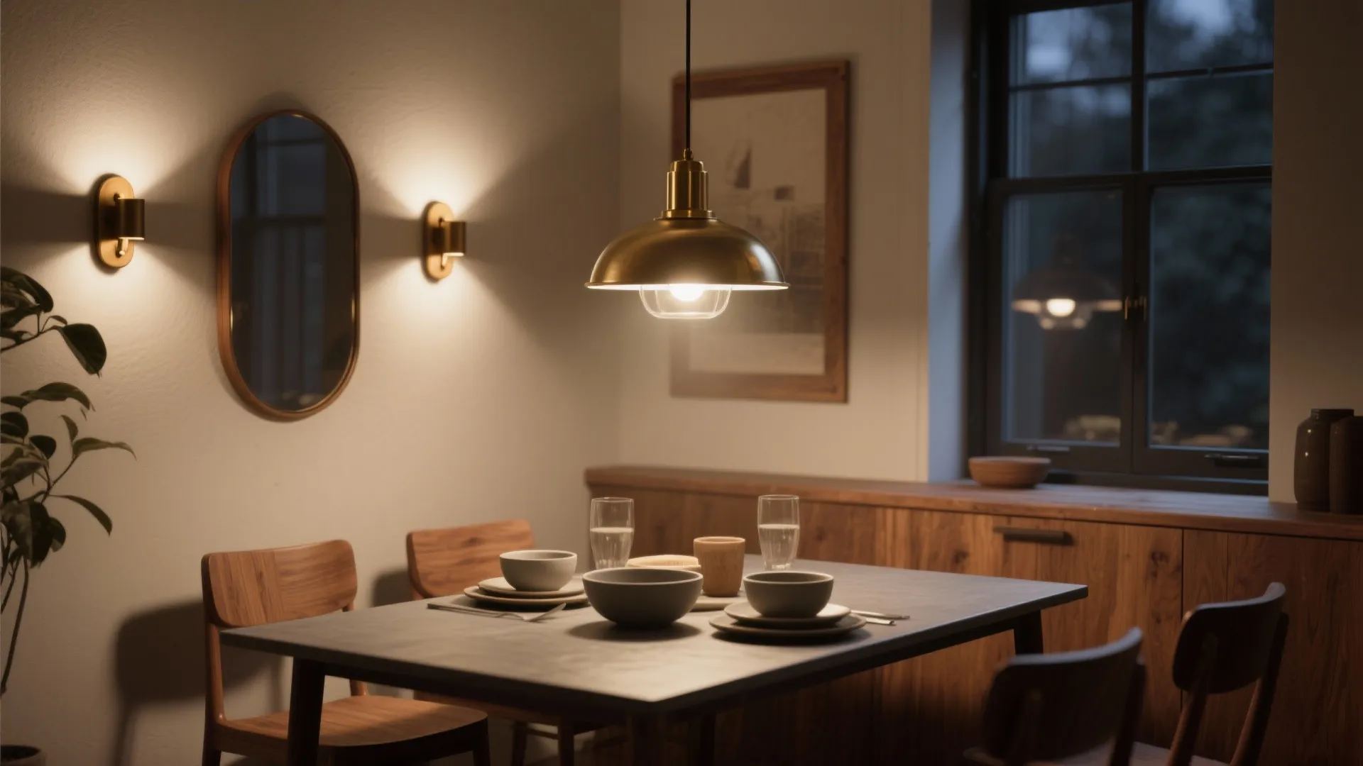 Layered lighting, mirrors, and warm materials