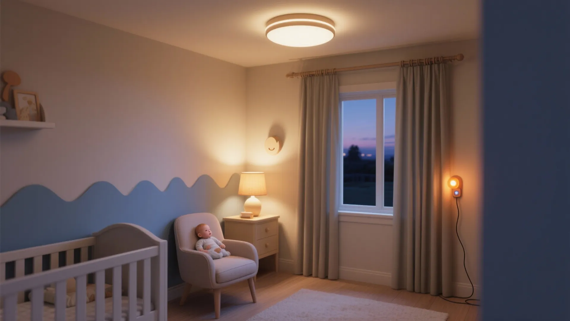 Nursery bedroom with warm ceiling light table lamp wall light armchair baby bed and curtains
