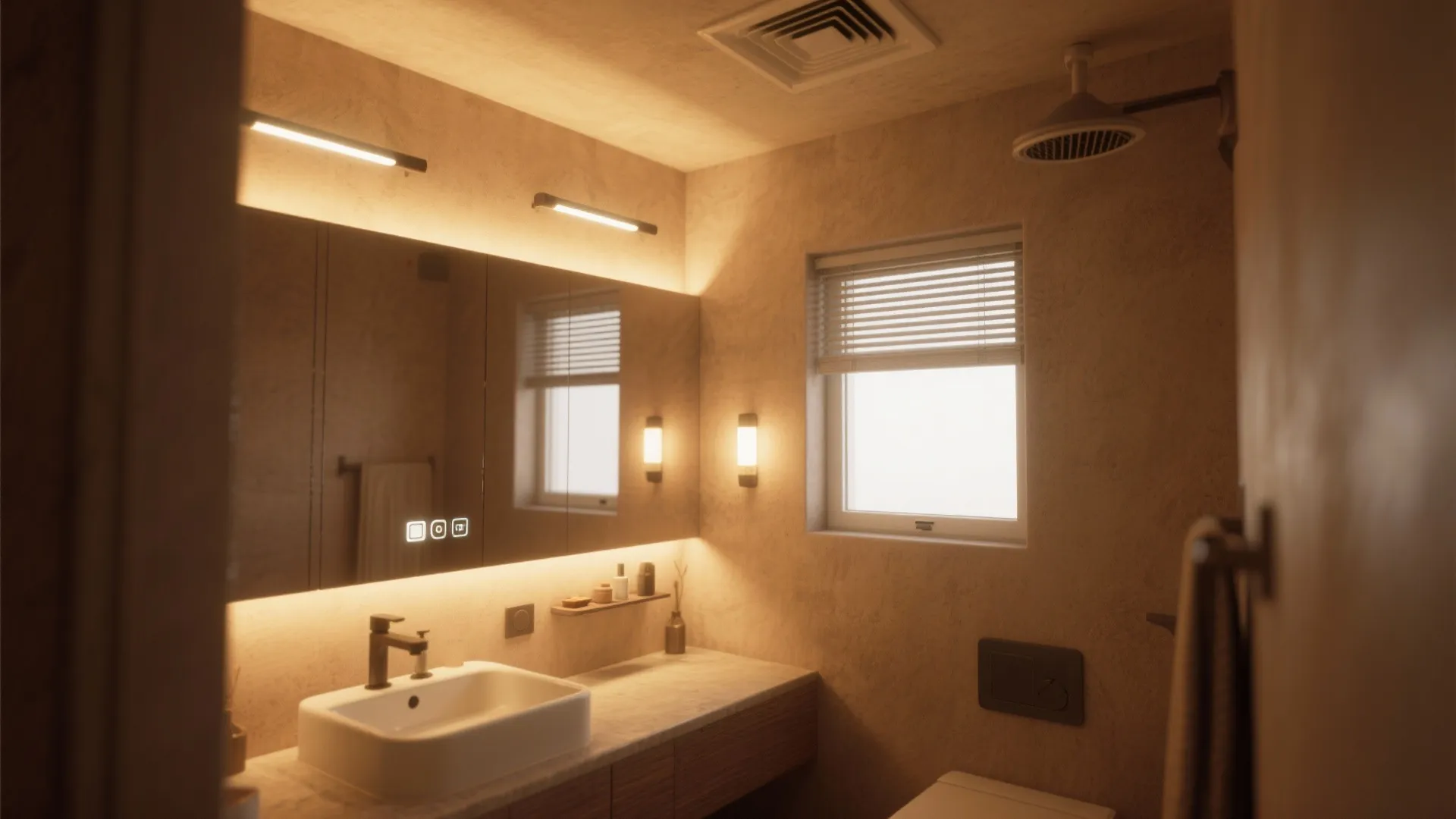 Bathroom illustrating layered lighting and a small ventilating fan near a window.