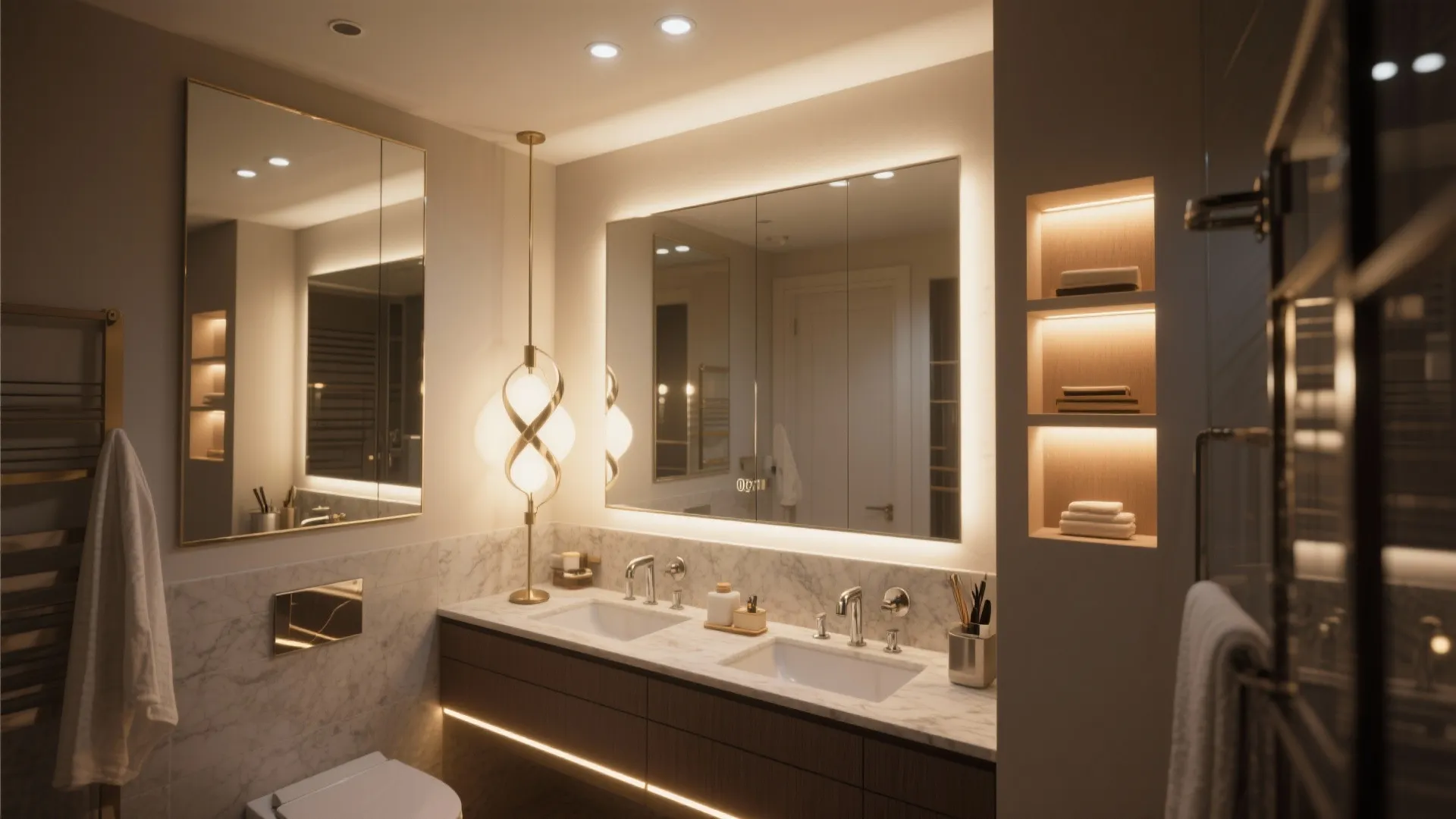Small bathroom with layered lighting: recessed ambient, side-lit mirrors, and warm niche LEDs reflected in a large mirror.