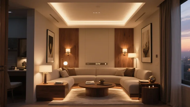 Warm Modern Living Room with Wood Accent Walls