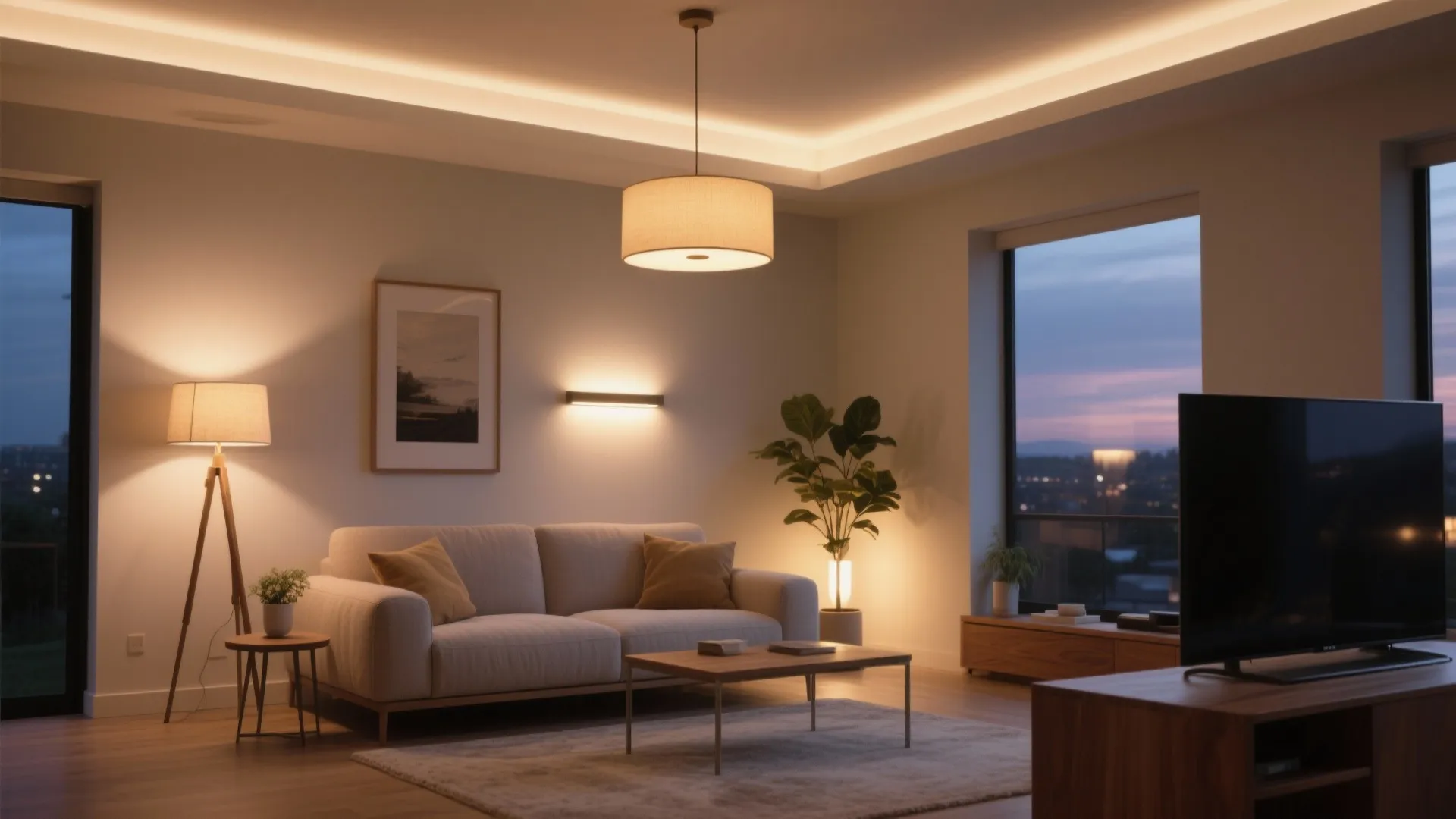 Warm living room with ceiling light floor lamp wall light grey sofa television and view