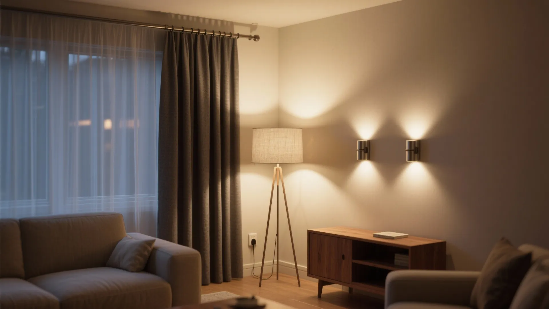 Living room corner featuring a tall floor lamp two wall lights curtains and wooden cabinet
