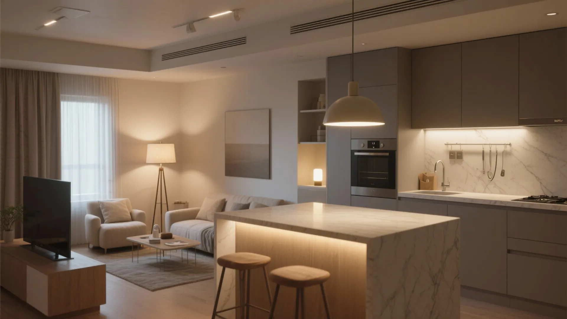 Warm open-plan living area with kitchen island ceiling light floor lamp sofa and marble finishes