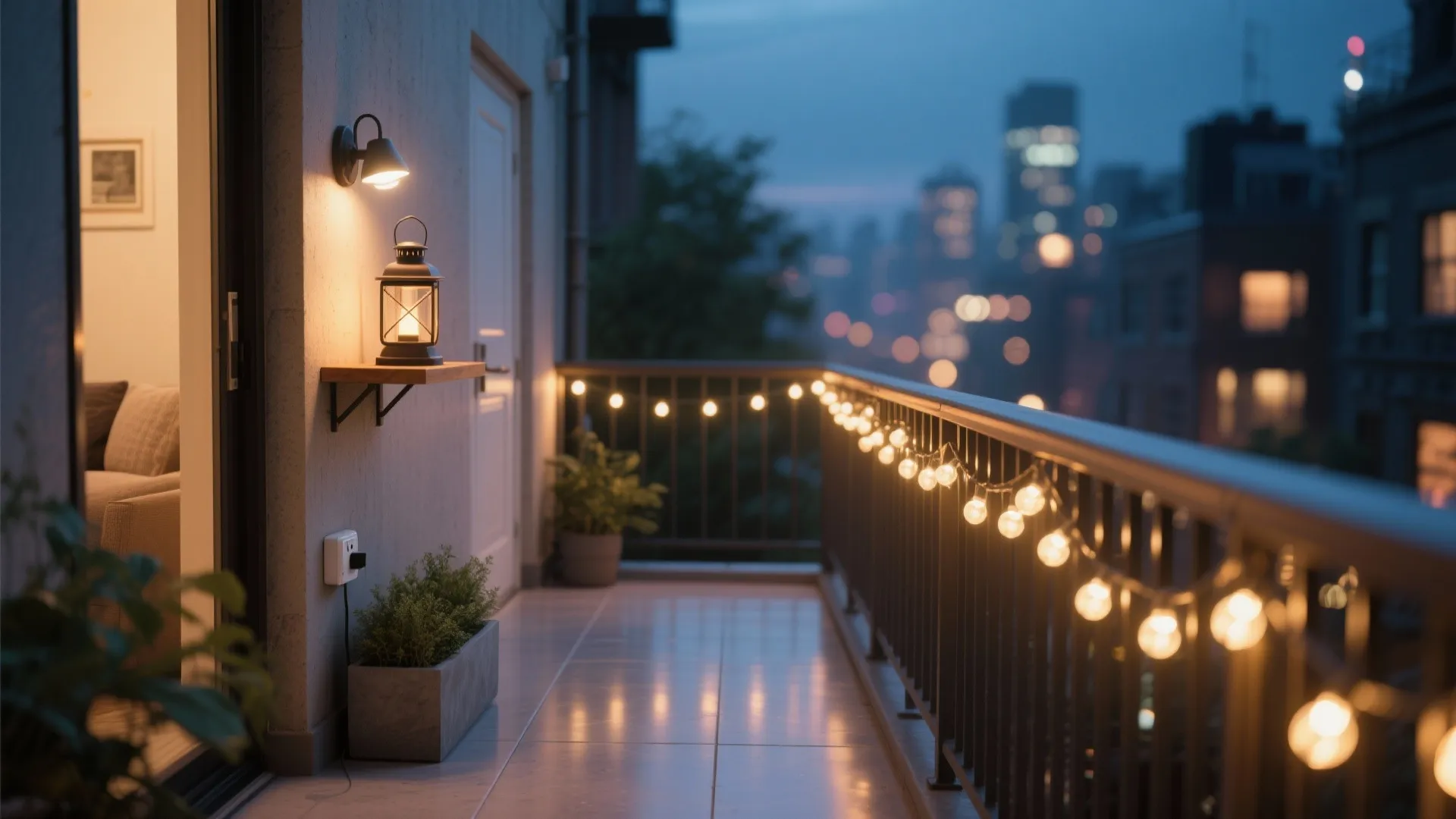 Layered warm lighting with strings, lantern, and a motion sconce on a 3ft balcony.