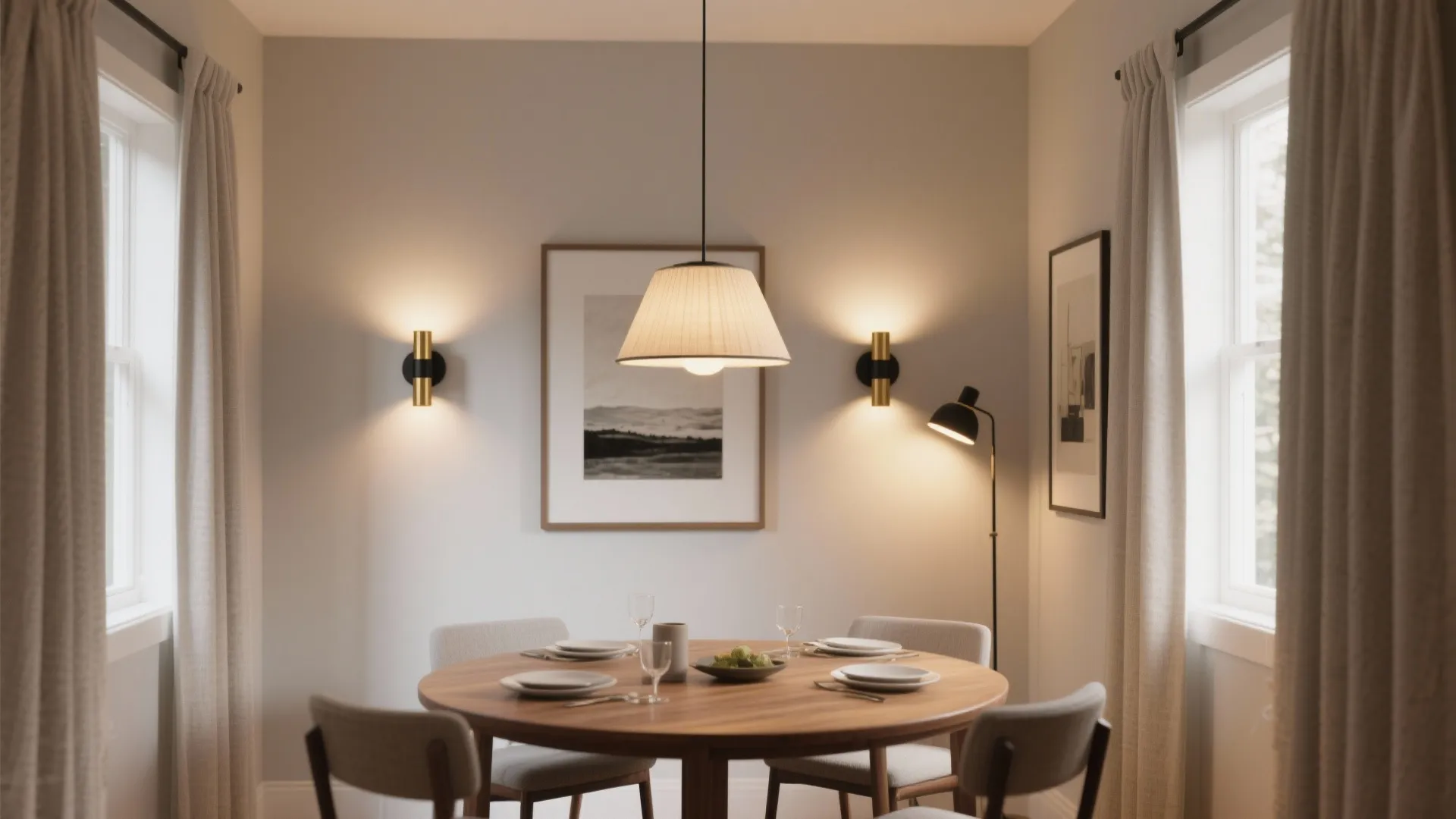 Modern dining room featuring a round wooden table, white ceiling light, wall lights, and curtains