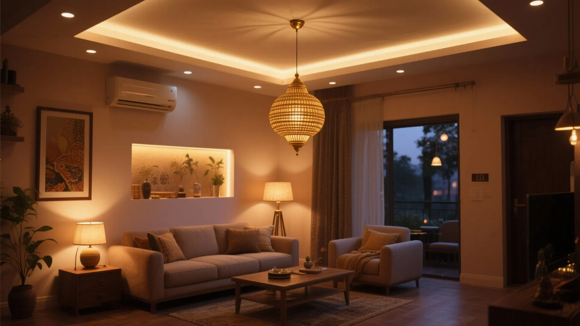 Warm living room with ceiling light floor lamp table light and plants near a glass door