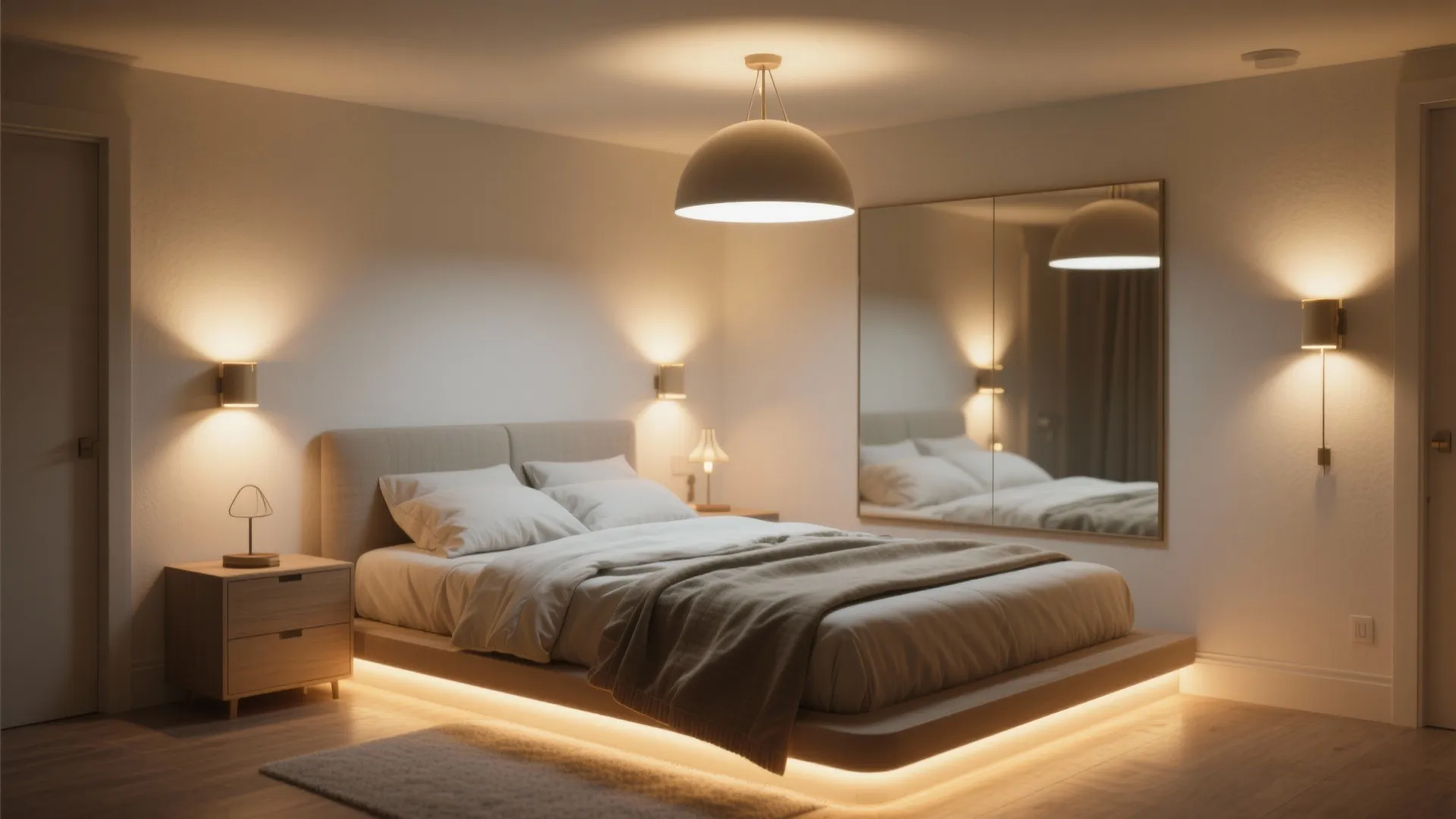 Layered lighting detail with pendant, wall sconces and under-bed LED strips in a basement bedroom.