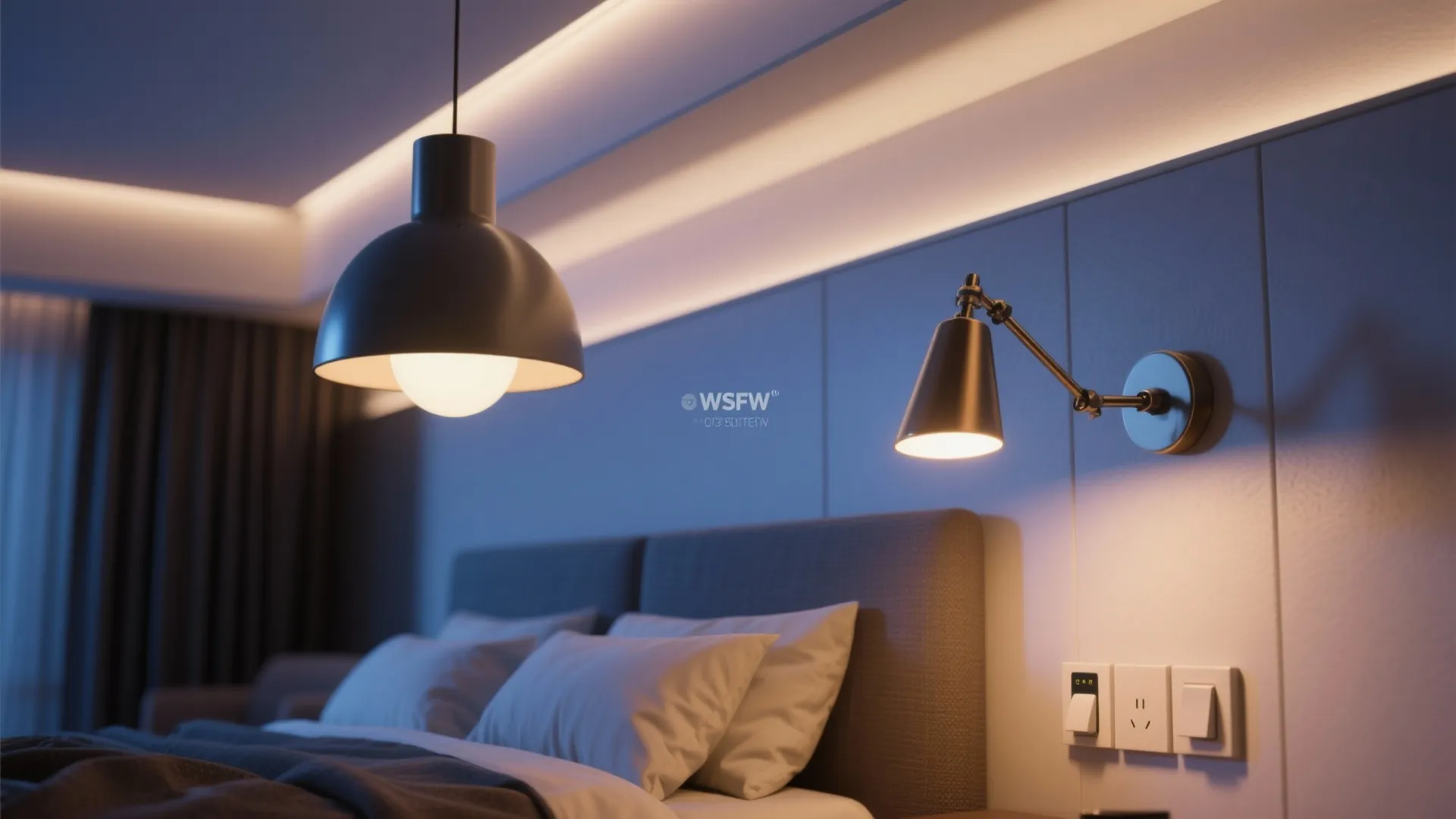 Cozy bedroom lighting featuring a ceiling light black wall light and warm hidden shelf lights