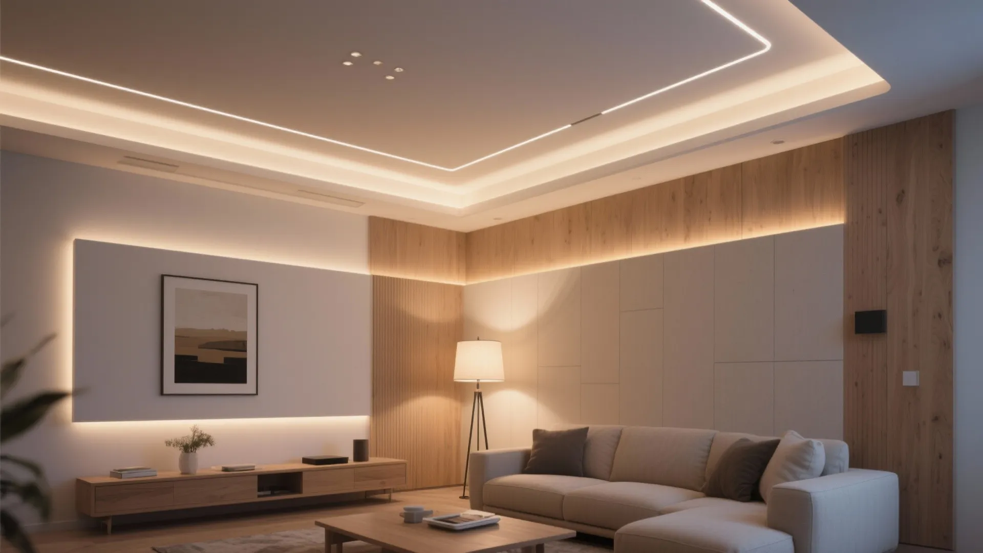 Living room with minimal gypsum ceiling and layered warm-neutral lighting.
