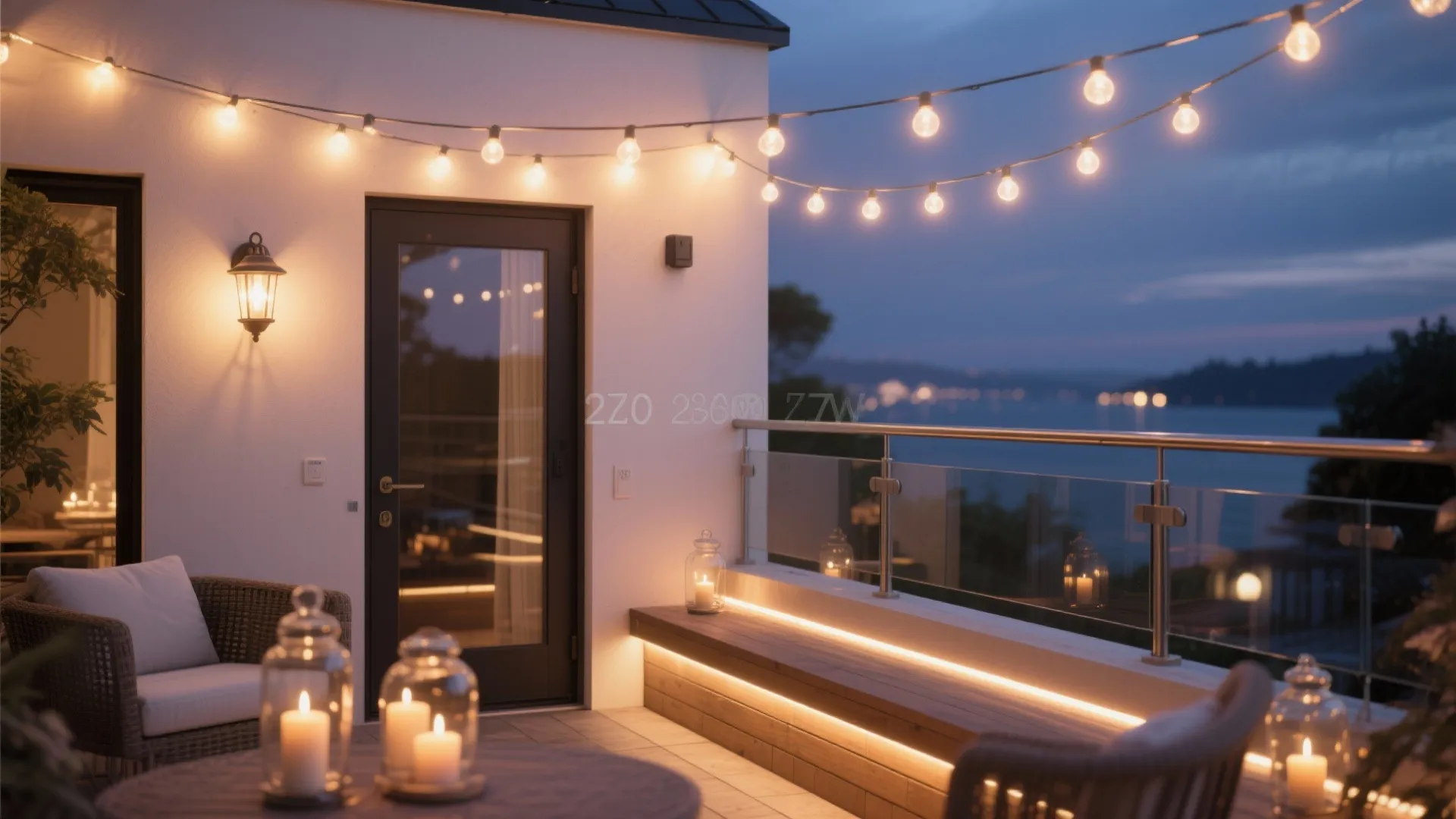 4) Layered lighting: overhead string, wall sconces, and low accent