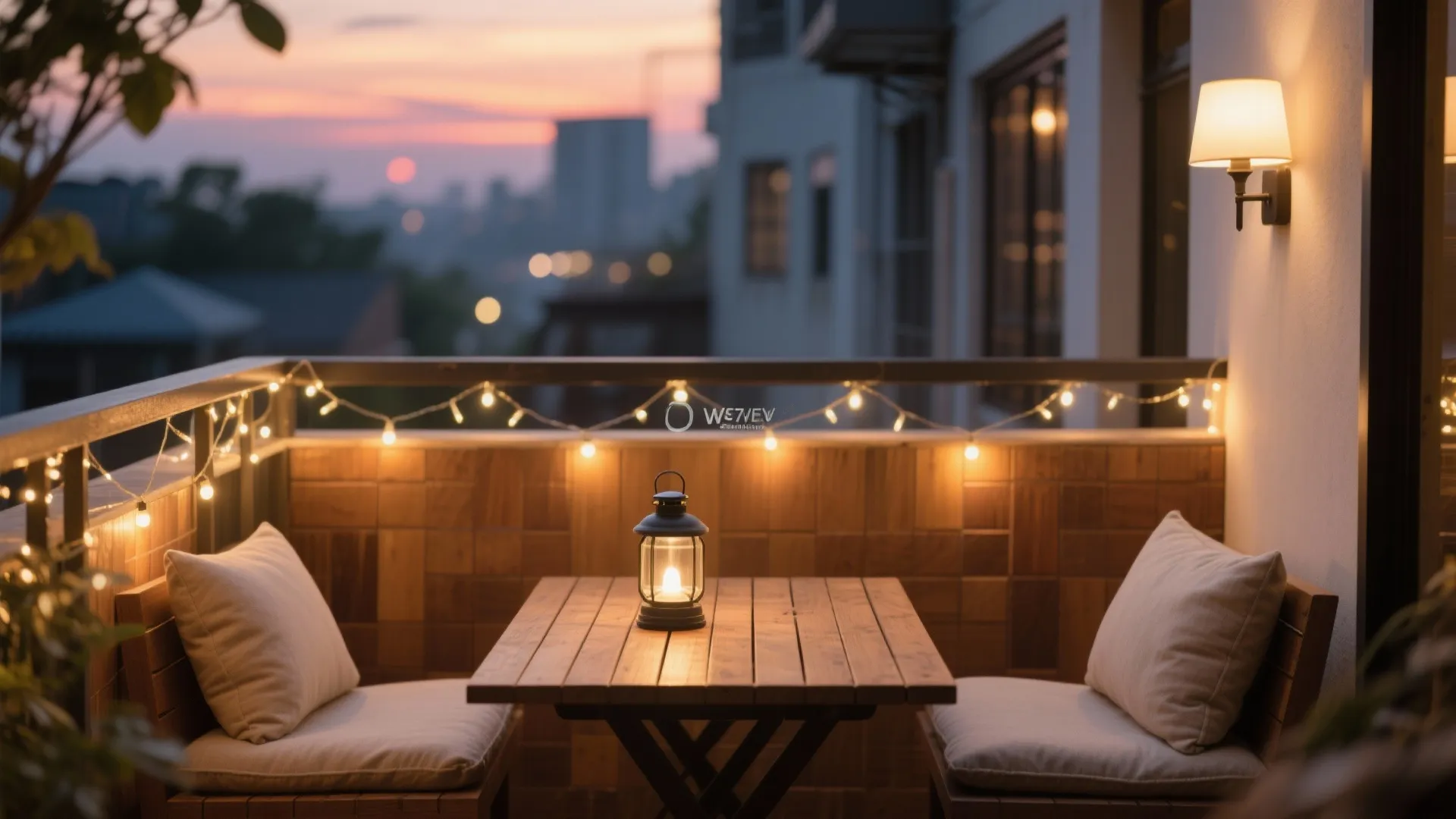 Warm layered lighting on a small balcony with string lights, lantern, and wall sconce.