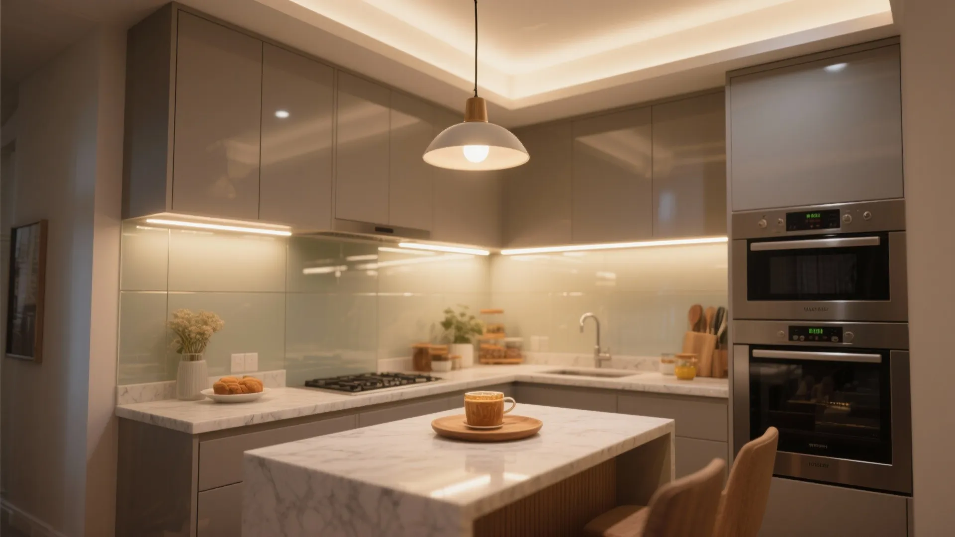 Modern kitchen with grey cabinets marble island ceiling light strip lighting and built in oven equipment