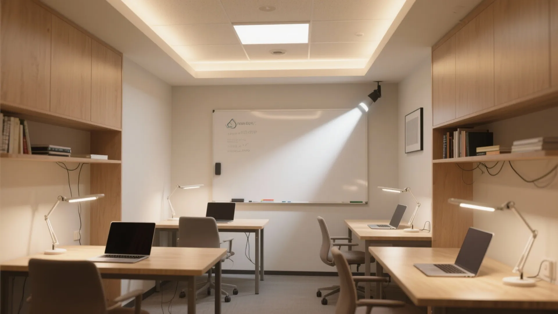 Office room layout with wooden desks and laptops featuring bright ceiling lights and desk lamps
