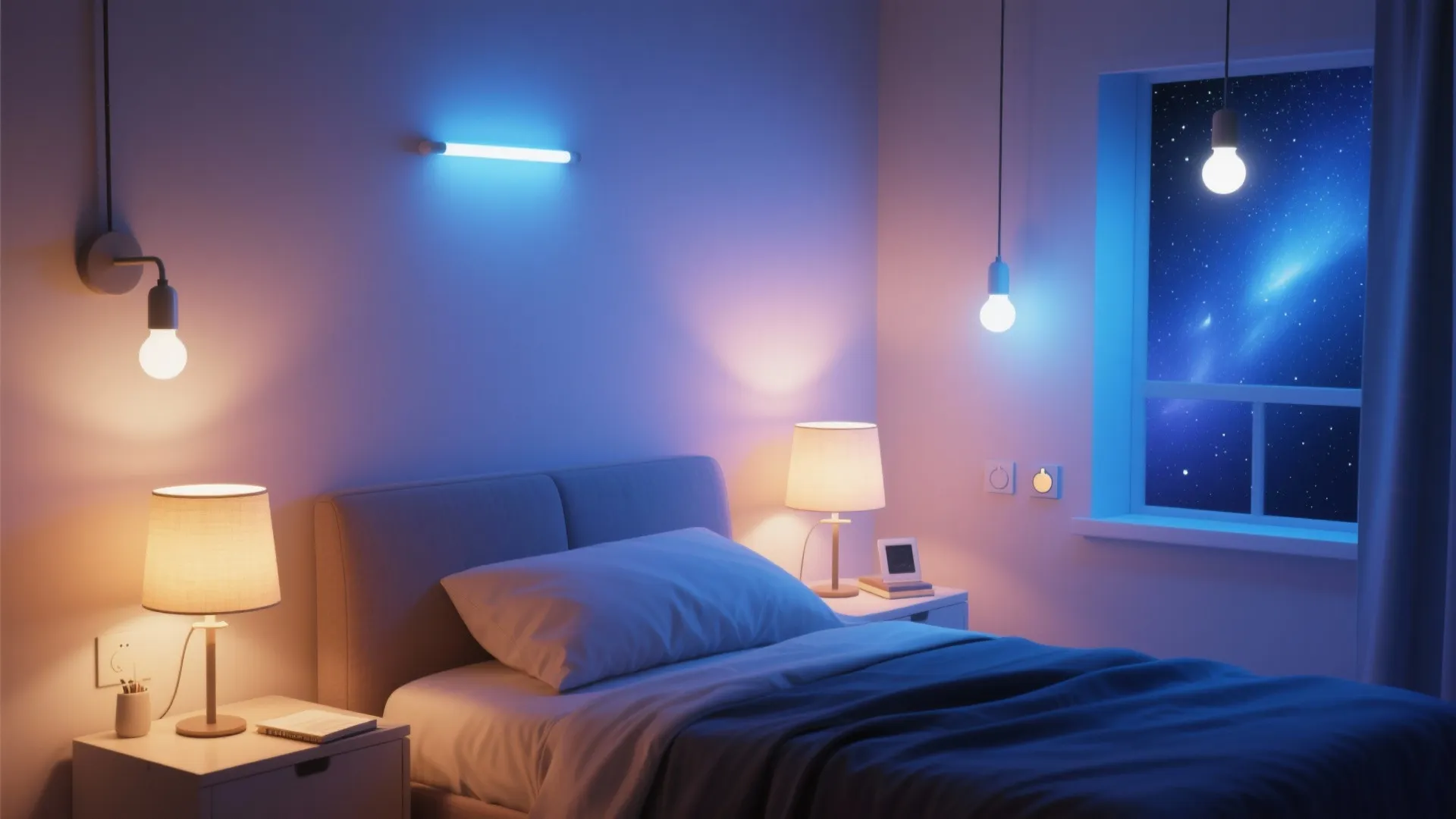 Bedroom with layered lighting including table lamps wall light blue neon bar and starry night window