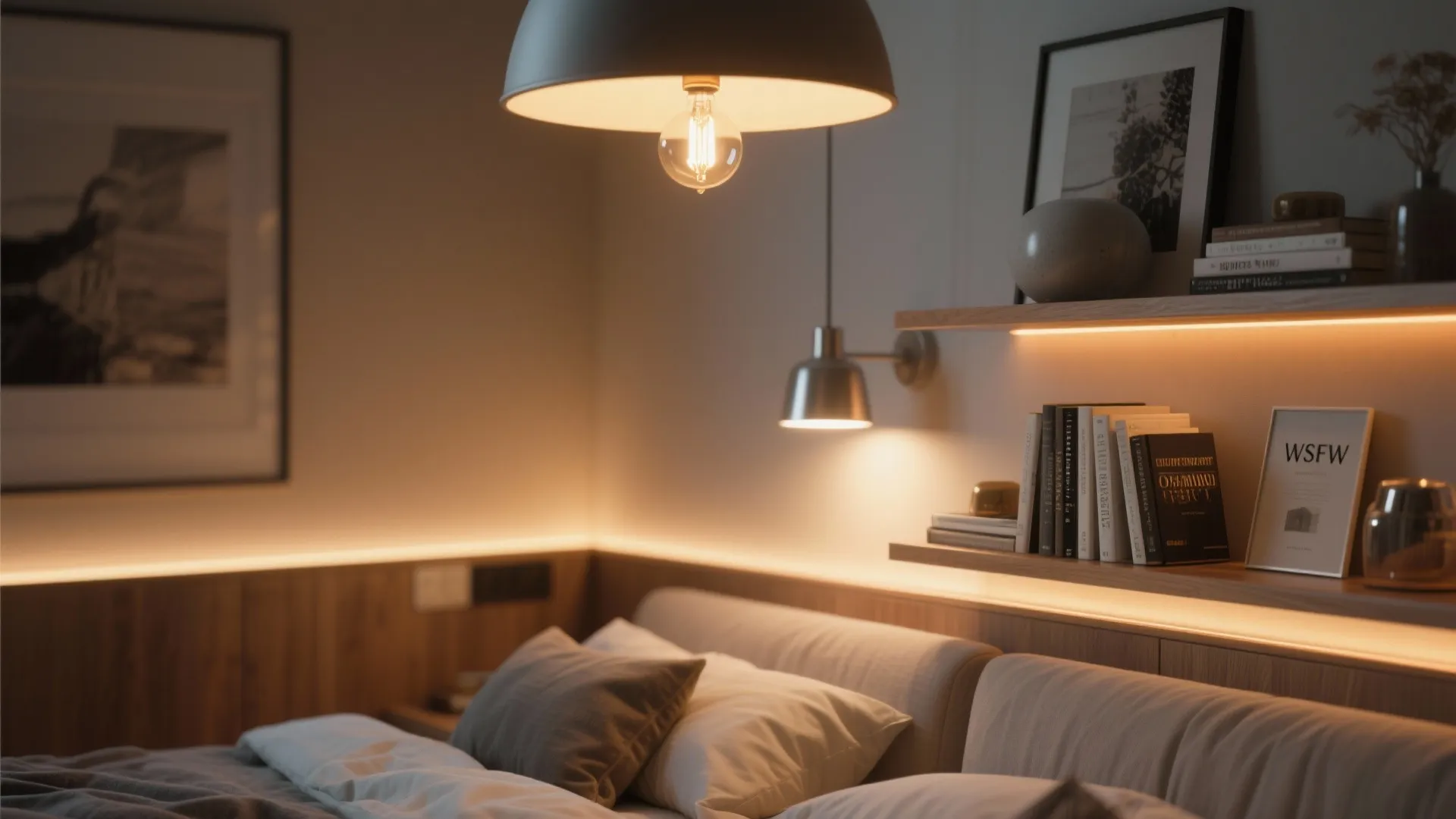Close-up of layered lighting: pendant, bedside lamp, and LED shelf backlight creating warm mood