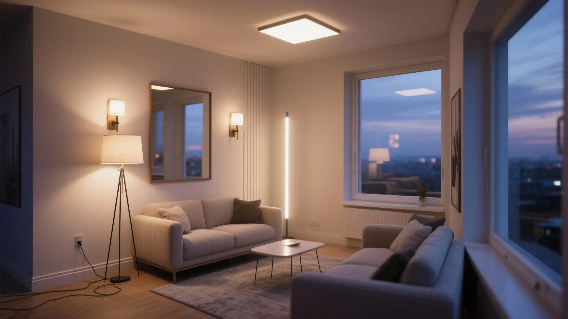 4) Layered lighting and mirrored depth