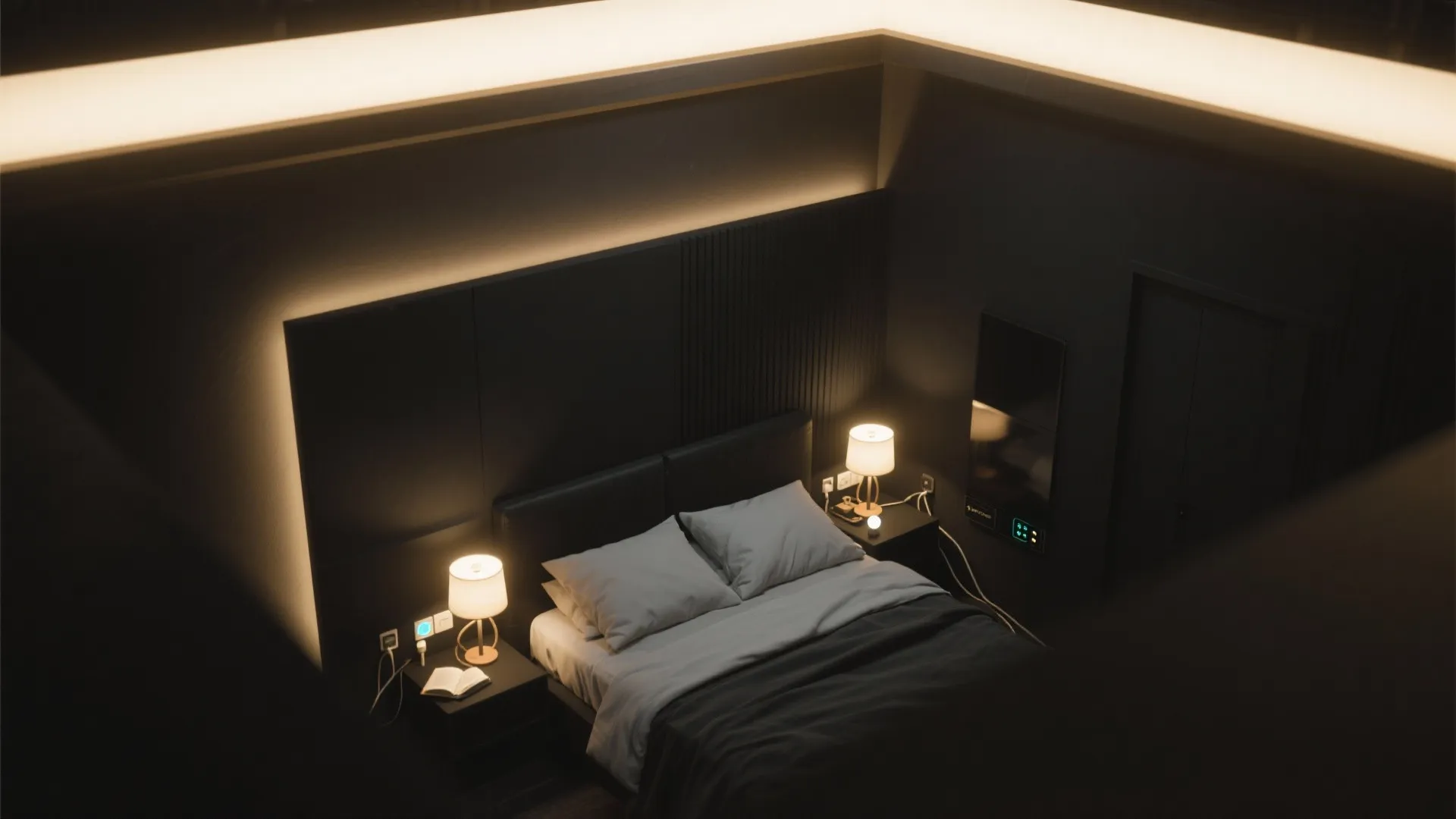 Top view of a modern bedroom showing warm ceiling light table lamps and black wall panel