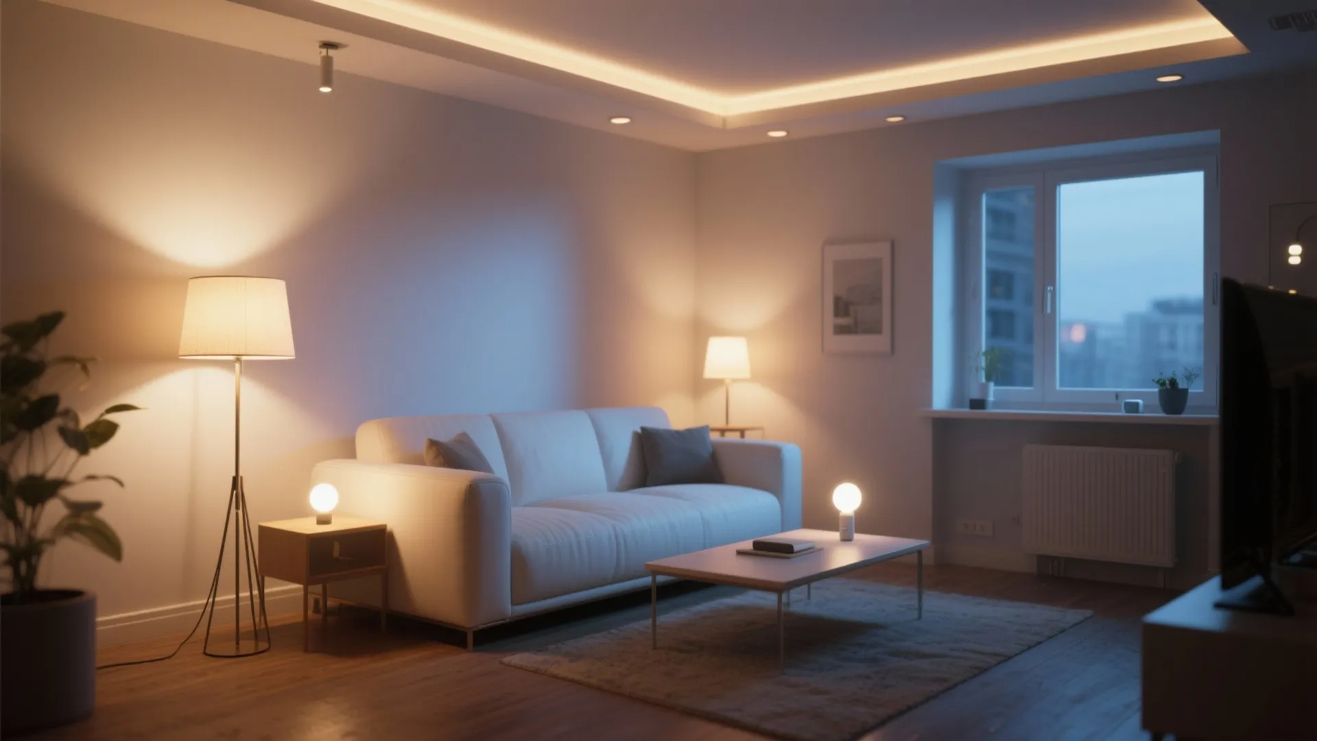 Living room with warm light fixture glowing on white sofa and wooden floor at night