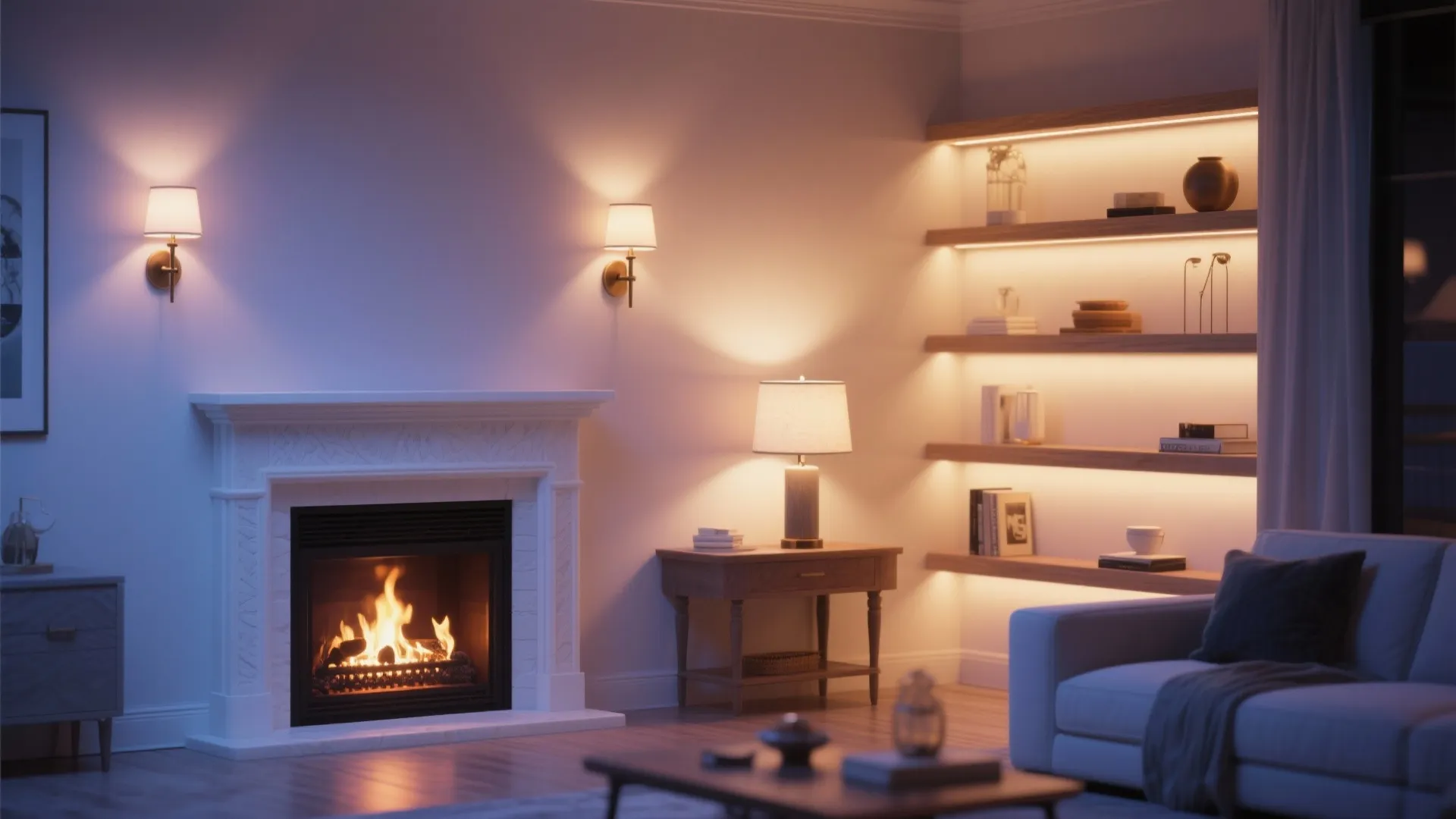 Layered lighting including sconces and uplights around a white fireplace creating warmth.