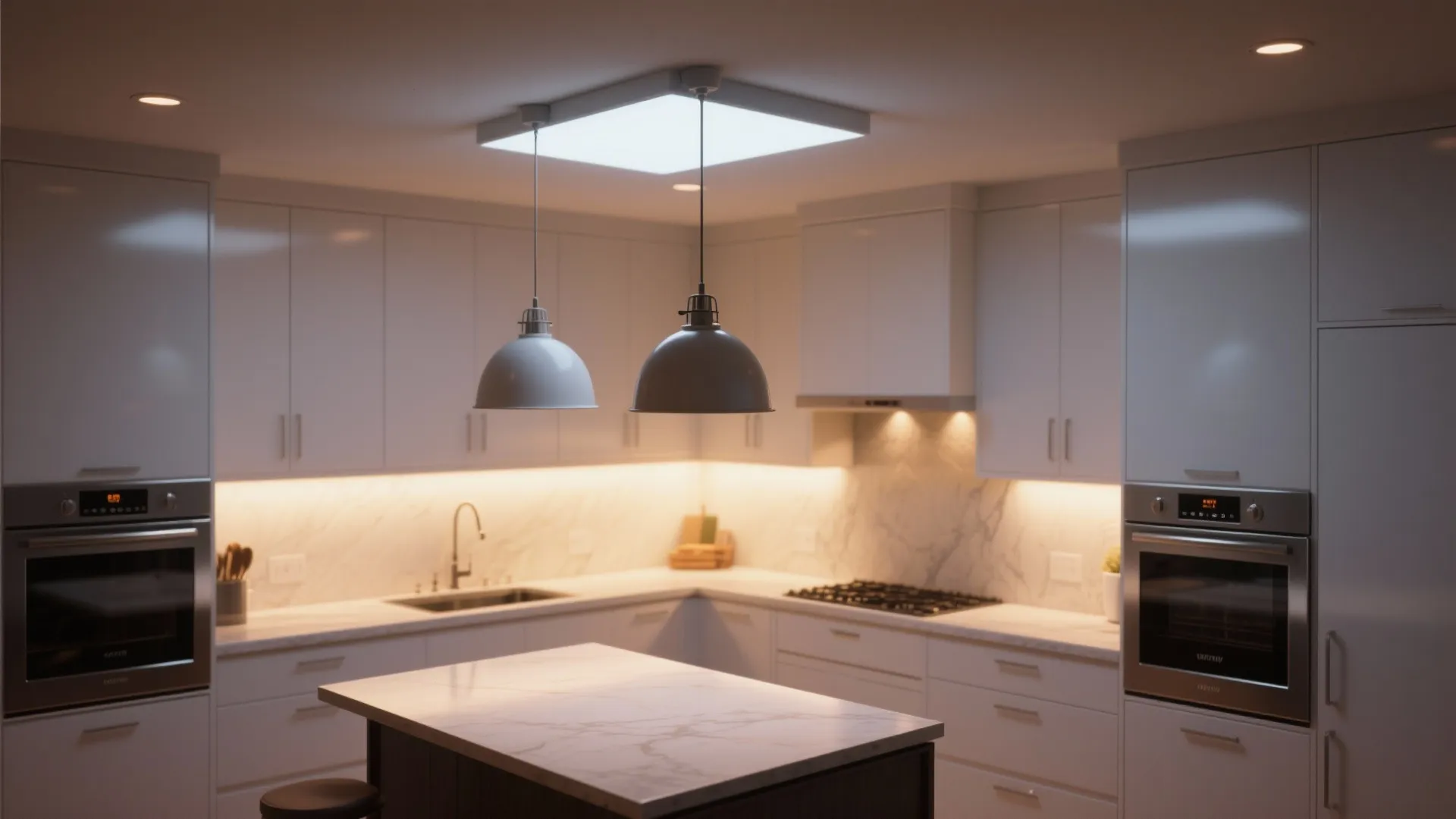 Modern white kitchen with marble island and two grey ceiling light fixtures over the counter