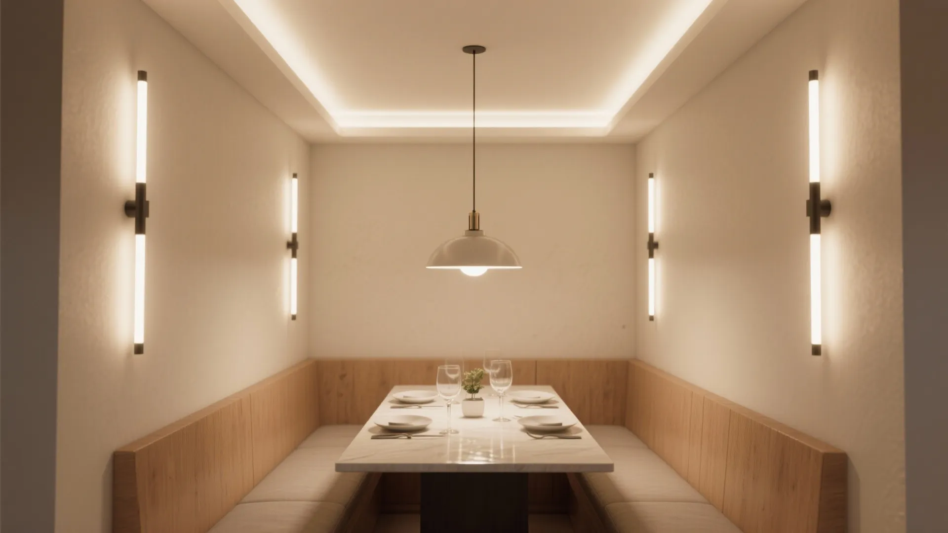 Layered lighting: pendant + wall sconces + cove