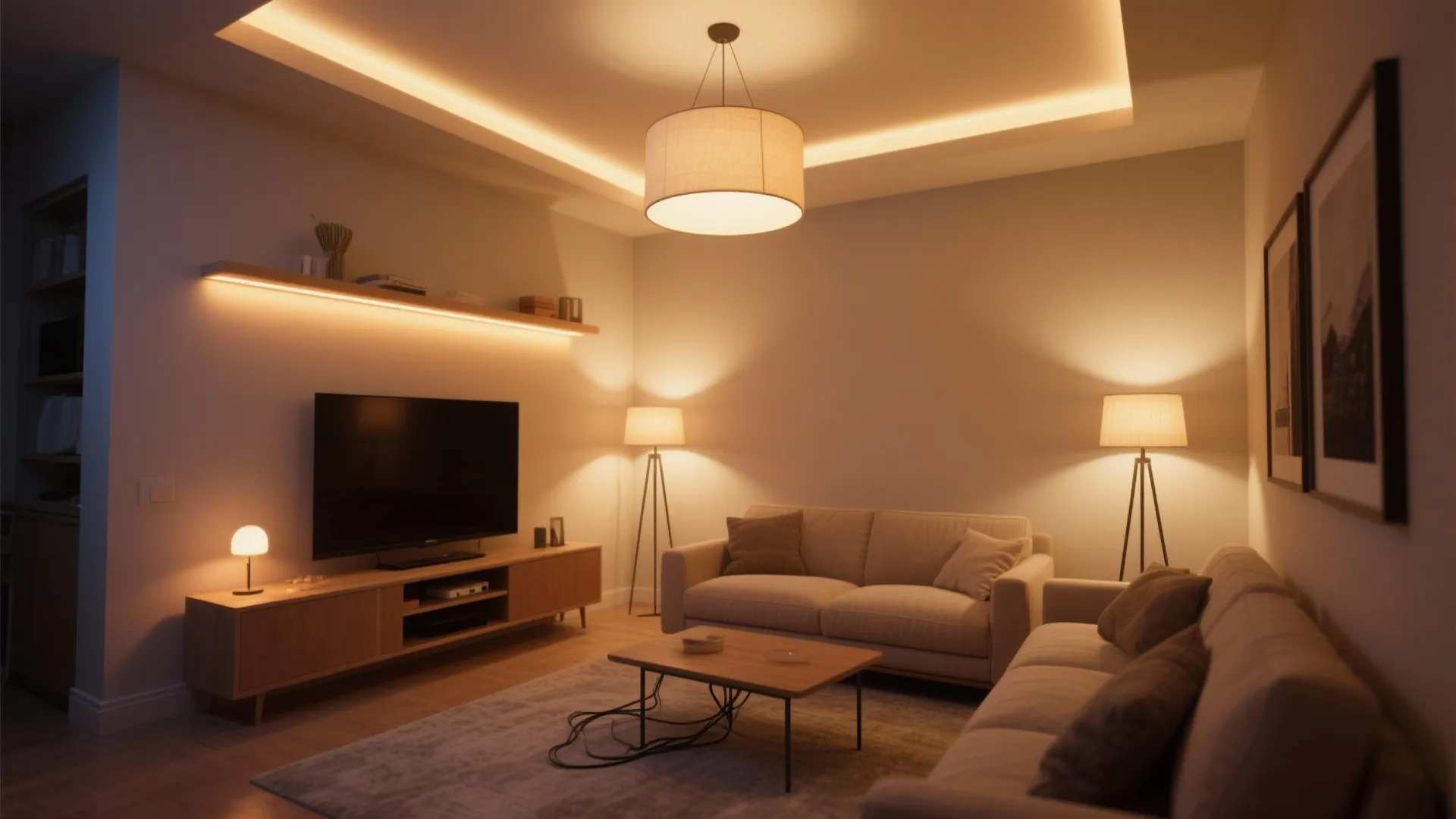 Modern living room featuring warm layered lighting from ceiling lights floor lamps and wall light