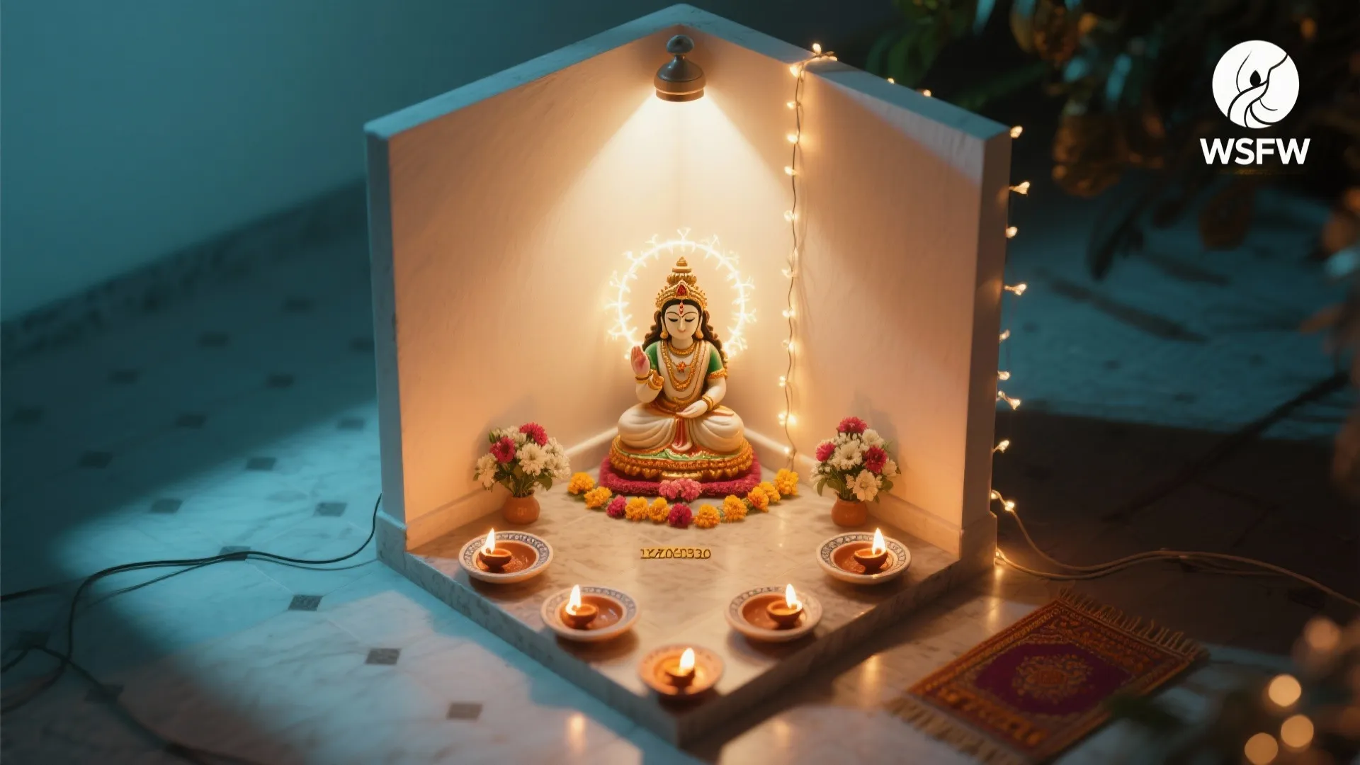 Layered lighting: diyas, fairy strings, and a soft spotlight