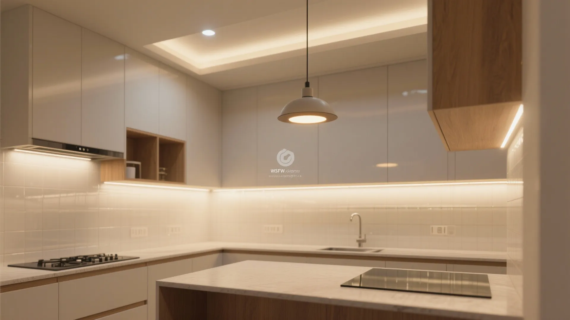 Modern kitchen interior design with white cabinets warm ceiling light fixture and wood kitchen island