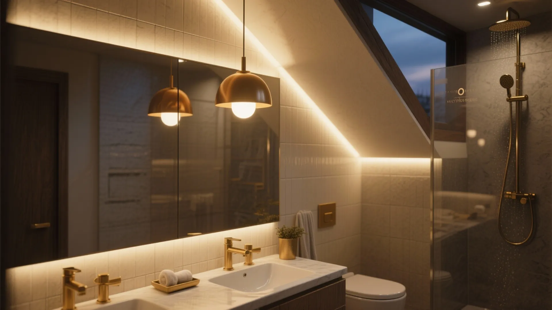 Layered lighting with pendant, uplight and recessed fixtures in a black-and-white wet bathroom under a slope.