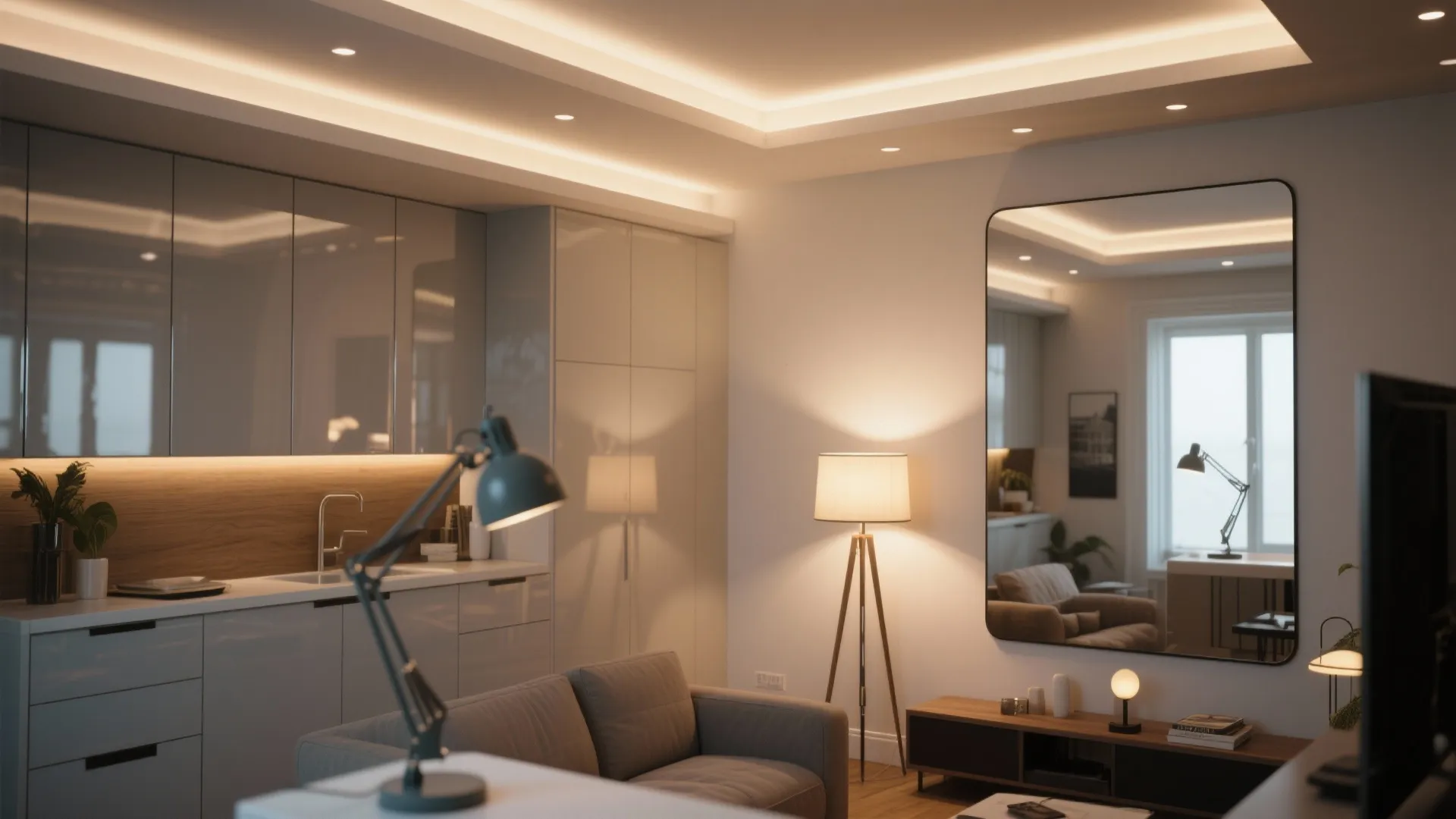 4. Layered lighting and reflective finishes