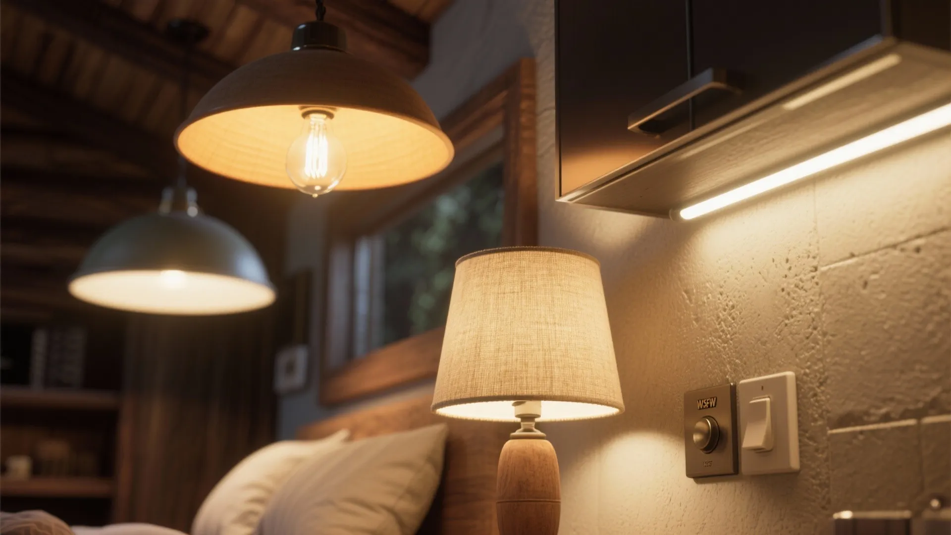 Close-up of layered ambient and task lighting fixtures in a cabin interior.