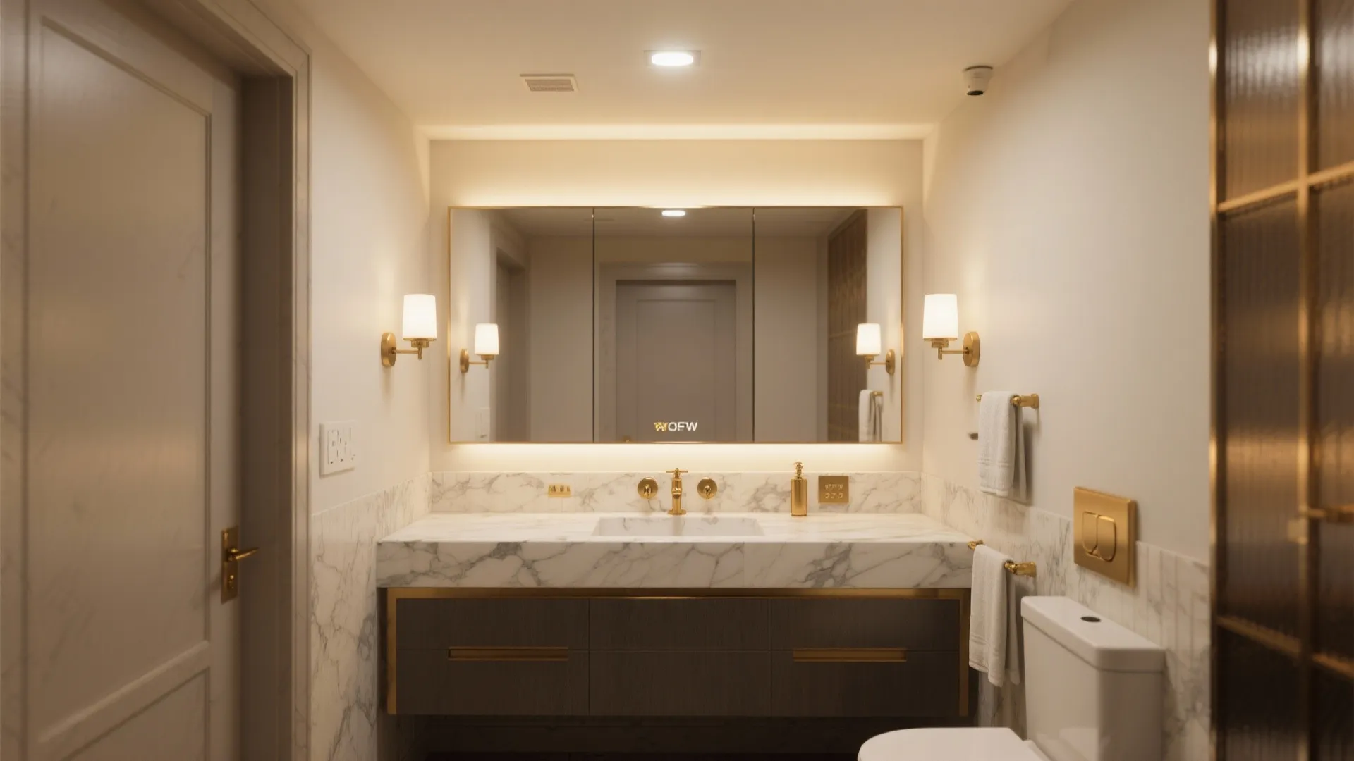 Luxury bathroom with marble vanity gold wall lights large mirror grey cabinets and white toilet