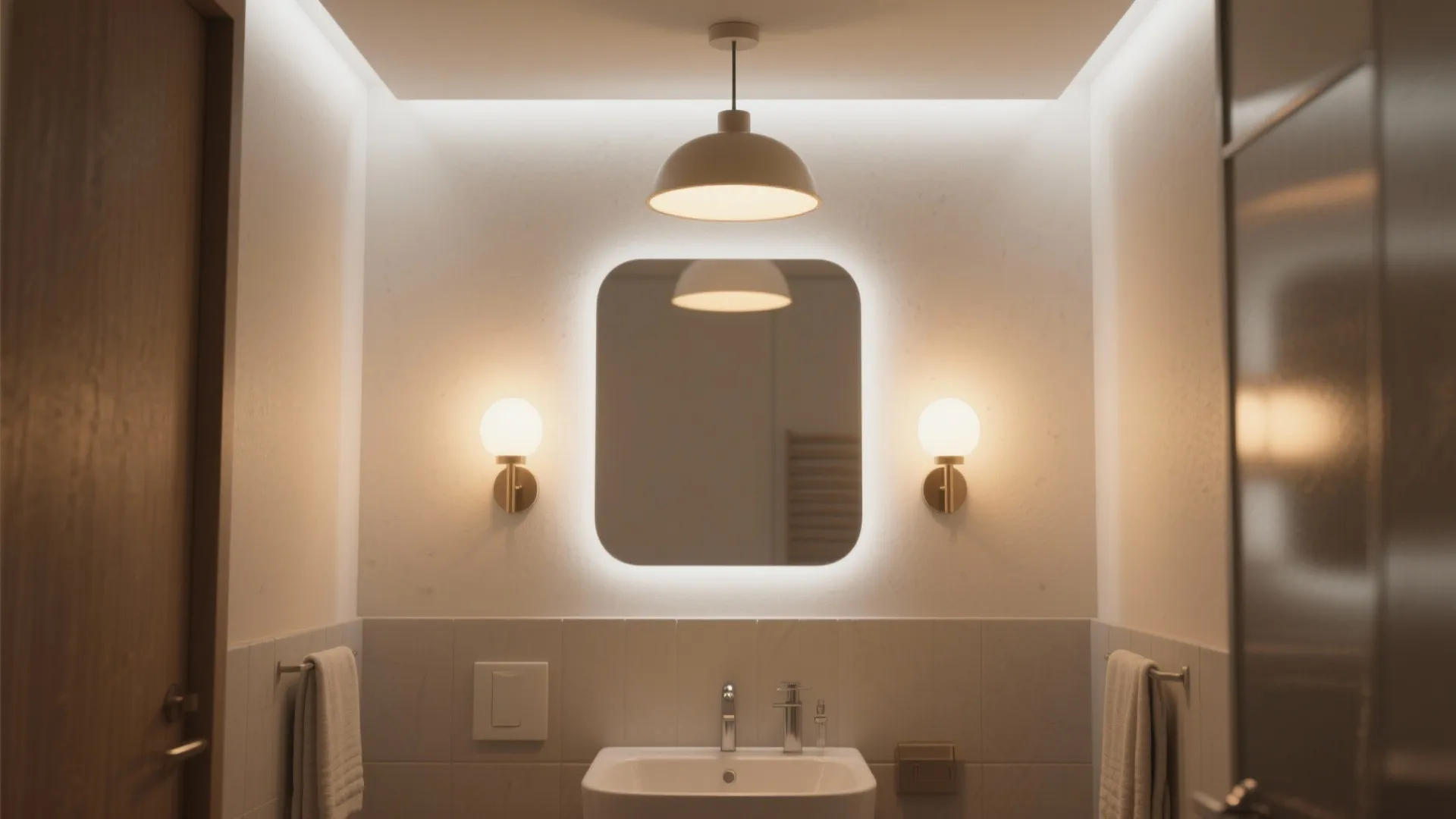 Small bathroom with an overhead pendant and two vanity lights creating layered ambient and task lighting