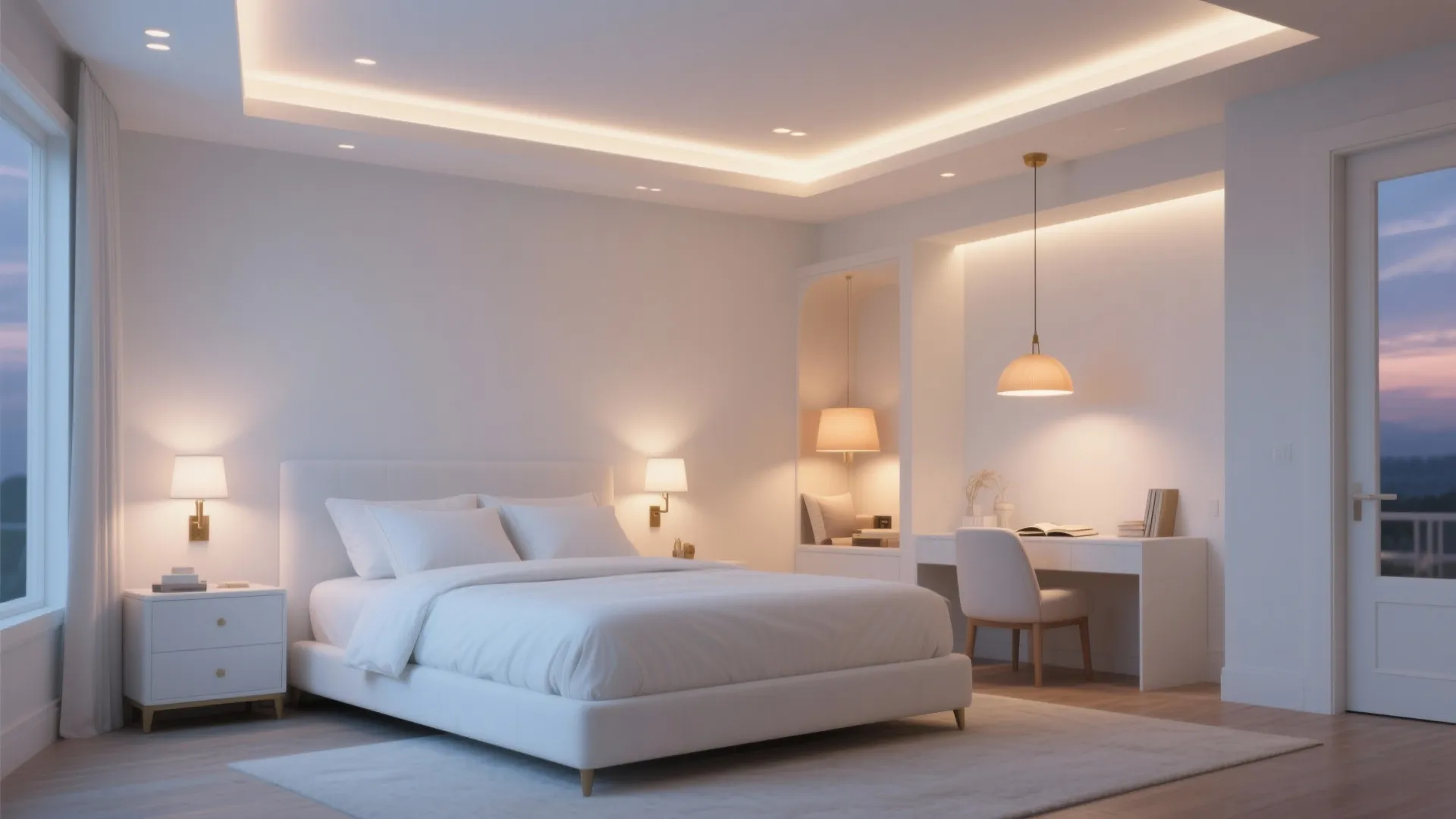 White king bedroom showing recessed lights, bedside sconces and a warm pendant for layered ambience.
