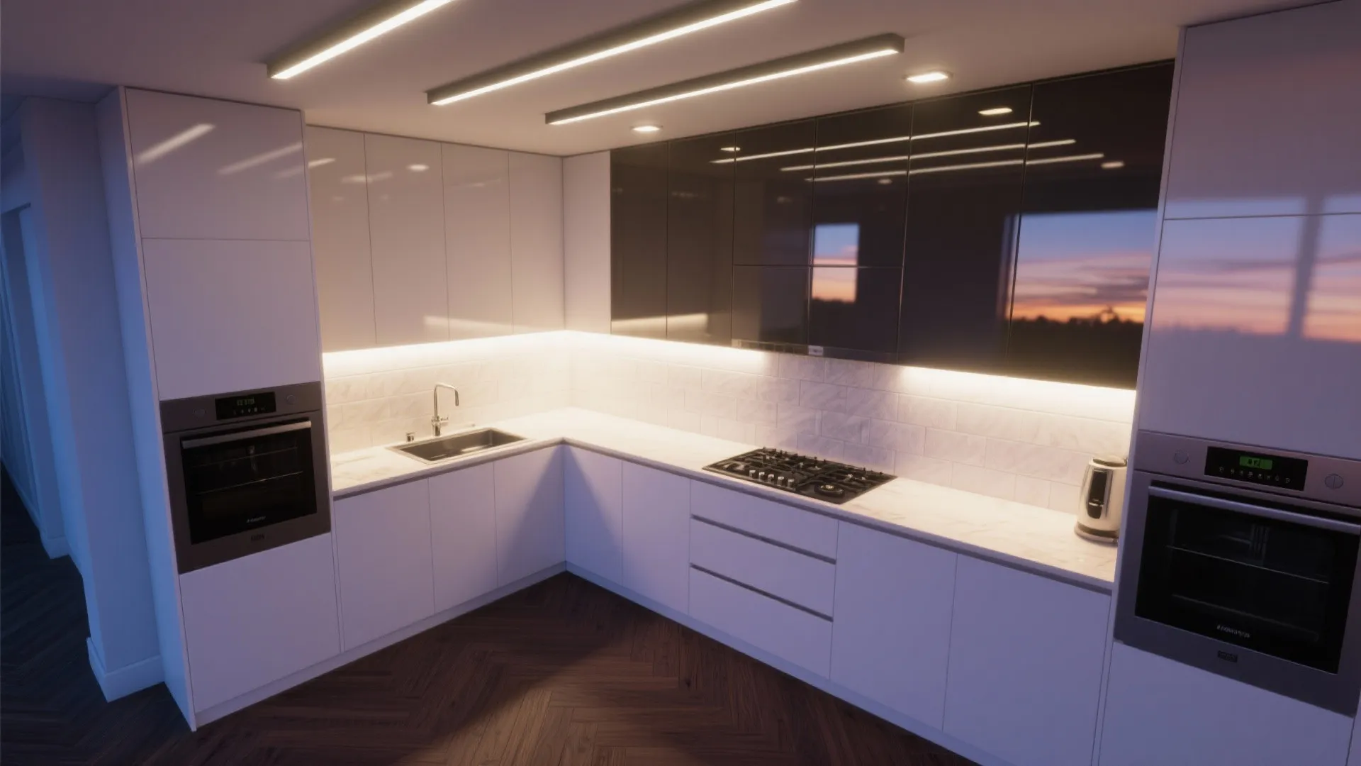Modern kitchen with white cabinets dark upper cabinets bright light fixture under cabinet lighting and ovens