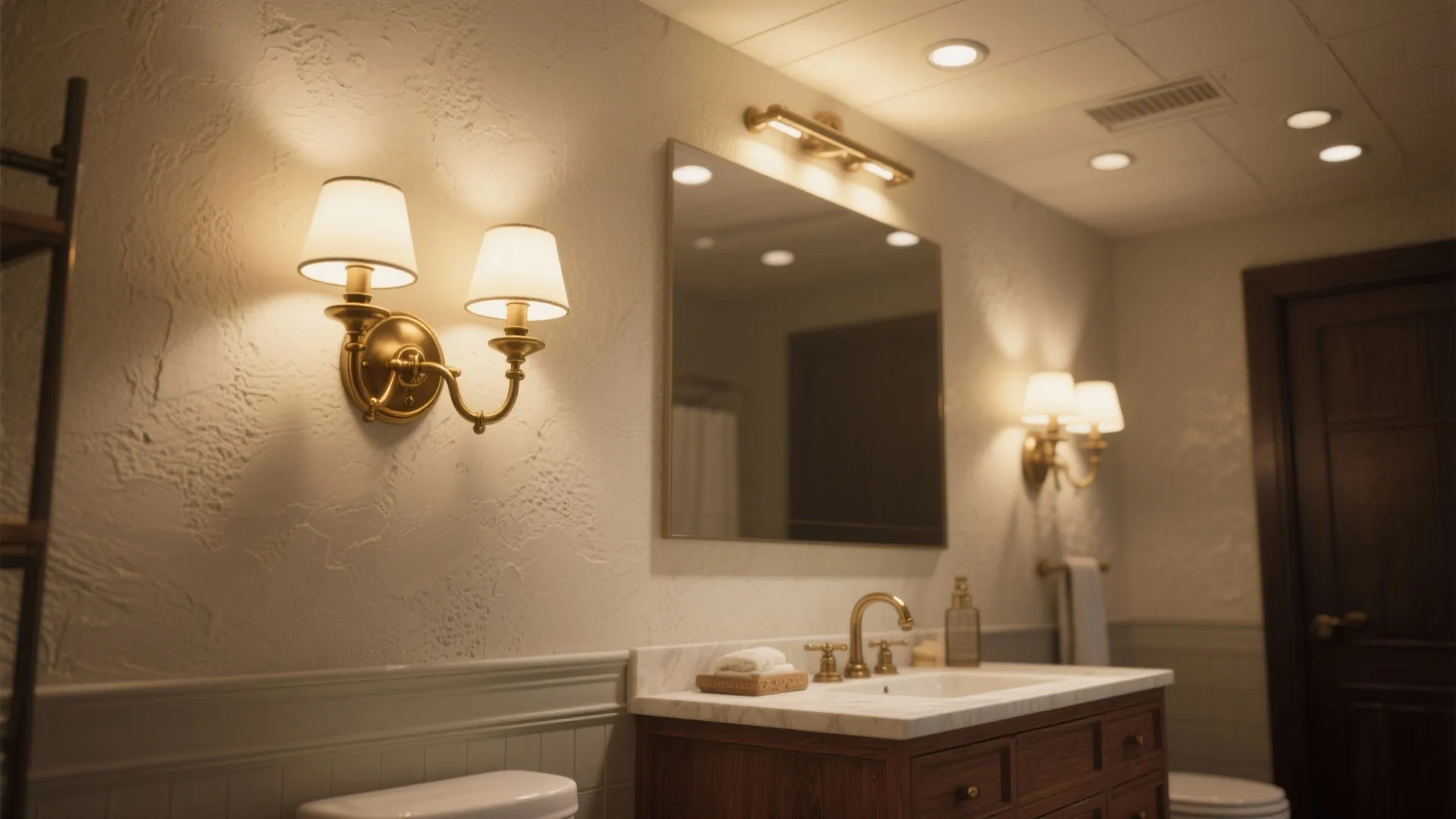 Bathroom with a brass two-light sconce and recessed ceiling lights creating layered lighting and depth.