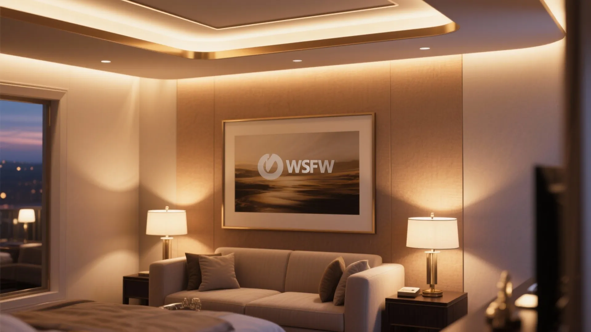 Close-up of ambient, task, and accent lighting layered in a hotel suite living area.
