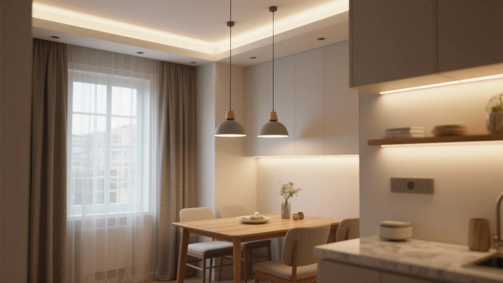 Dining nook with sheer curtains and layered pendant and recessed lighting to make the space feel larger.