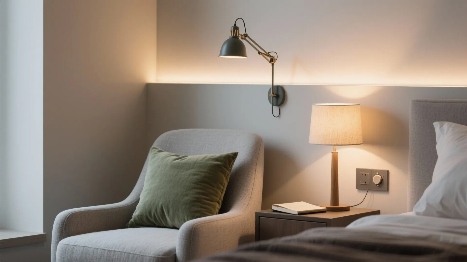 Bedroom showing layered lighting with ambient recessed lights, task lamp, and warm table lamp