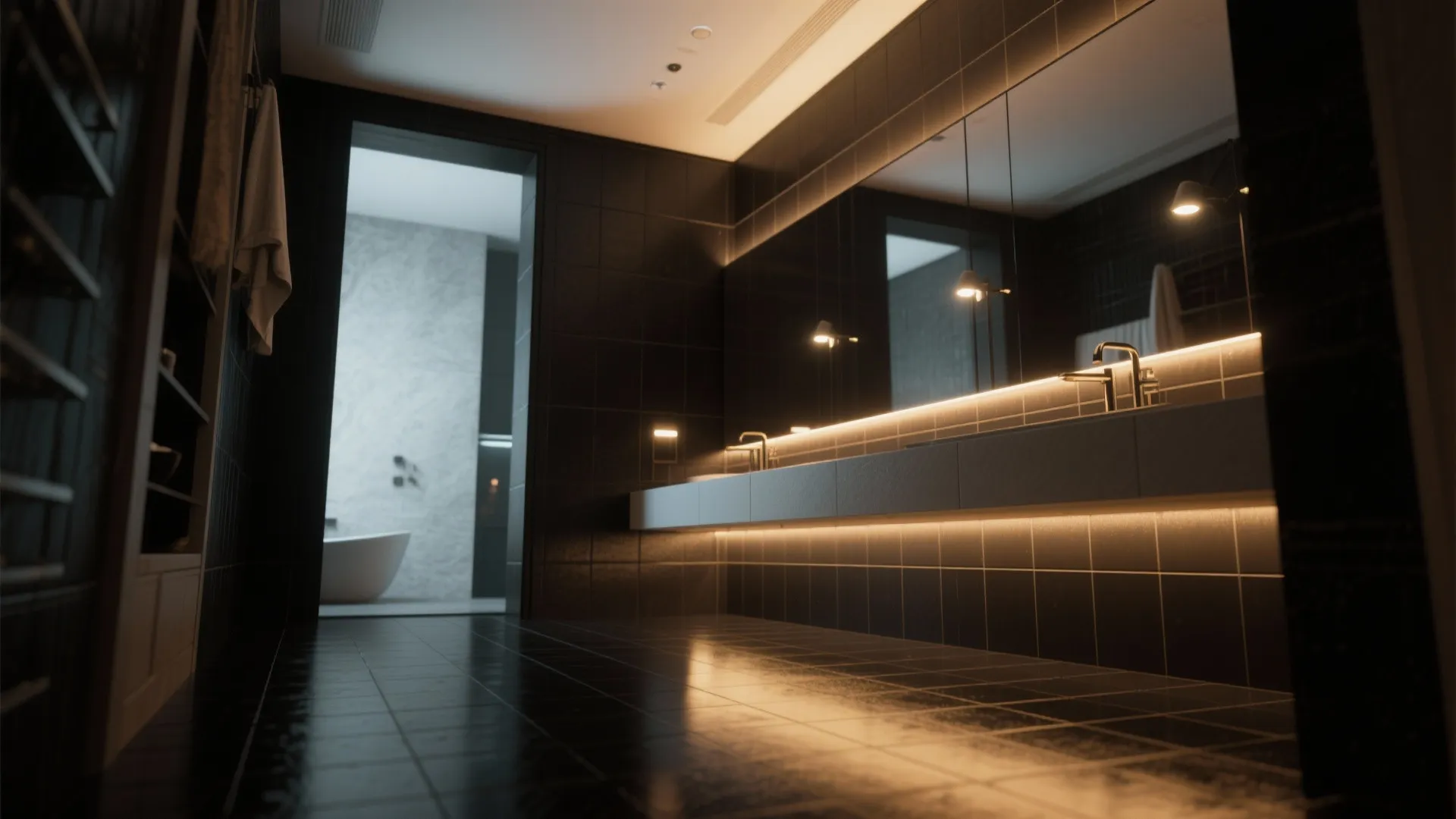 Modern dark bathroom featuring long vanity with light fixture large mirror and black floor tiles
