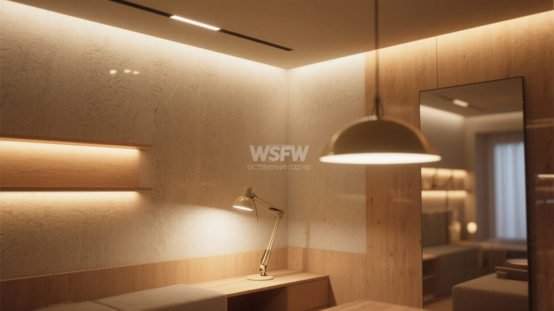 Warm room interior showing layered lighting with desk lamp, ceiling light, and hidden wall shelf