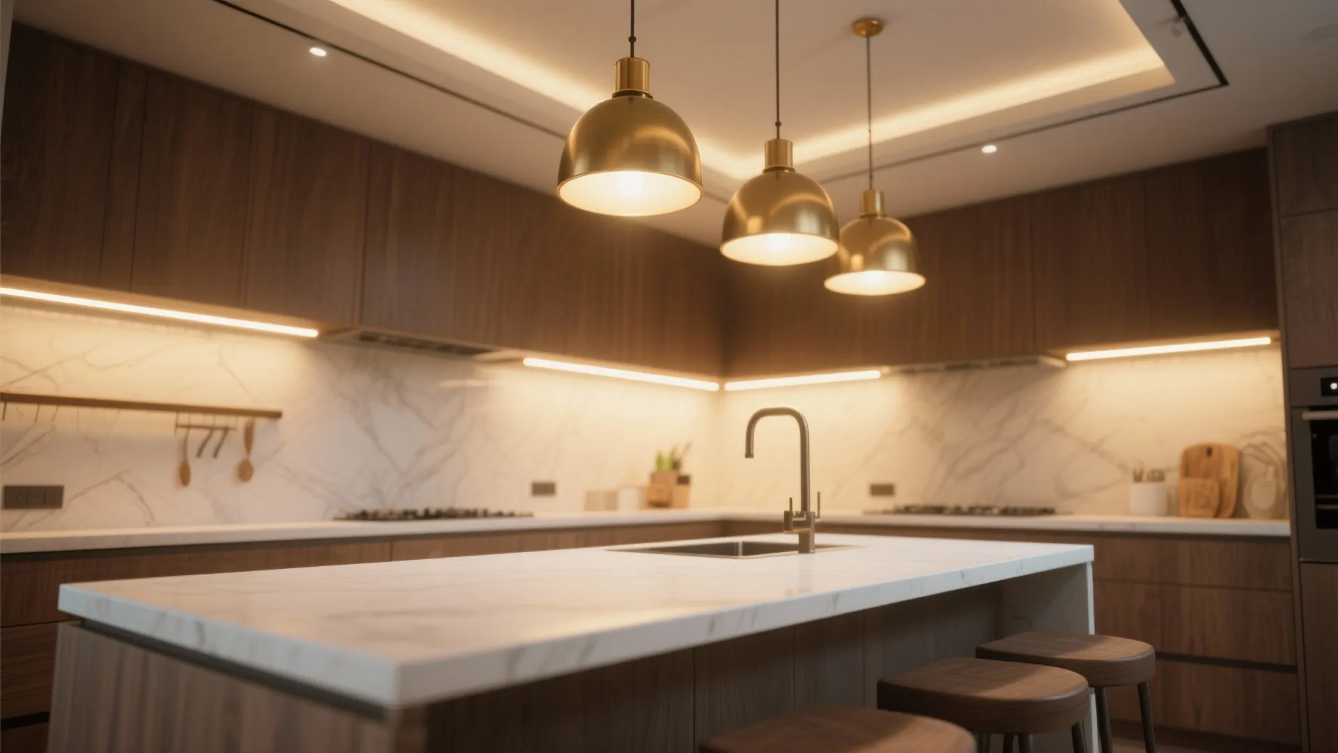 Modern kitchen with dark wood cabinets marble island three gold ceiling lights and warm lighting
