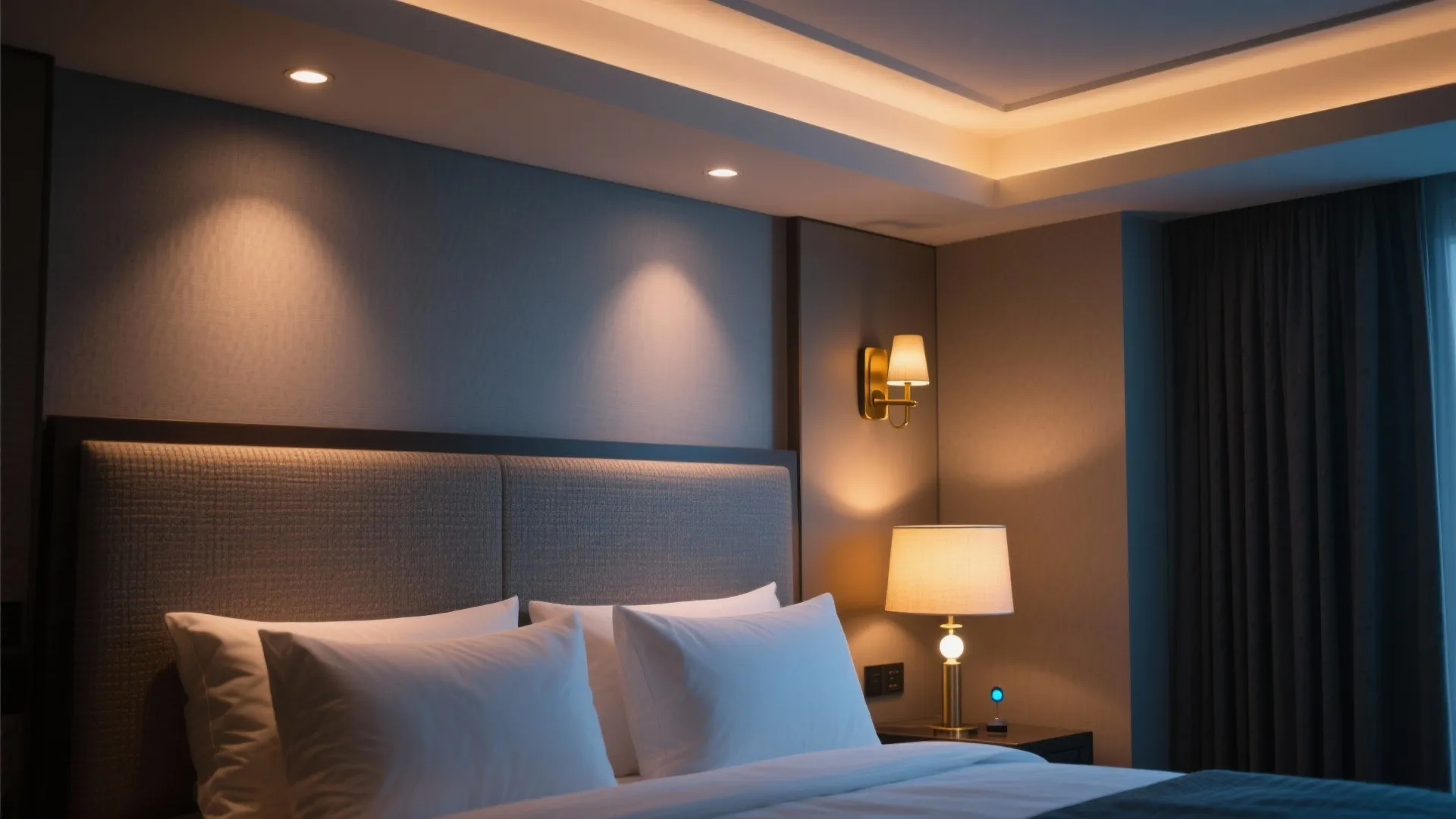 Layered bedroom lighting with recessed, wall sconce, and bedside lamp creating a cozy hotel mood.