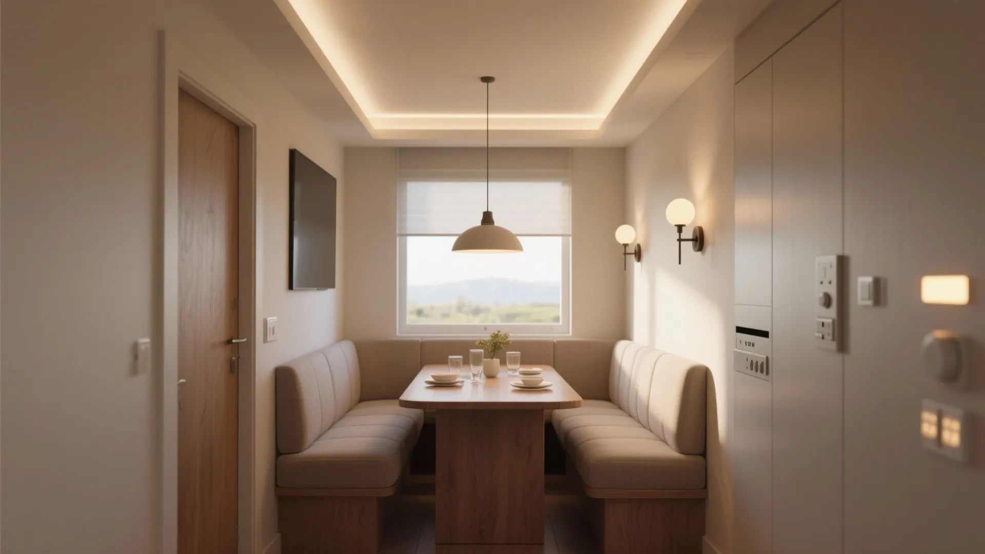 Modern dining area with warm ceiling light hidden in tray ceiling and cozy sofa seating