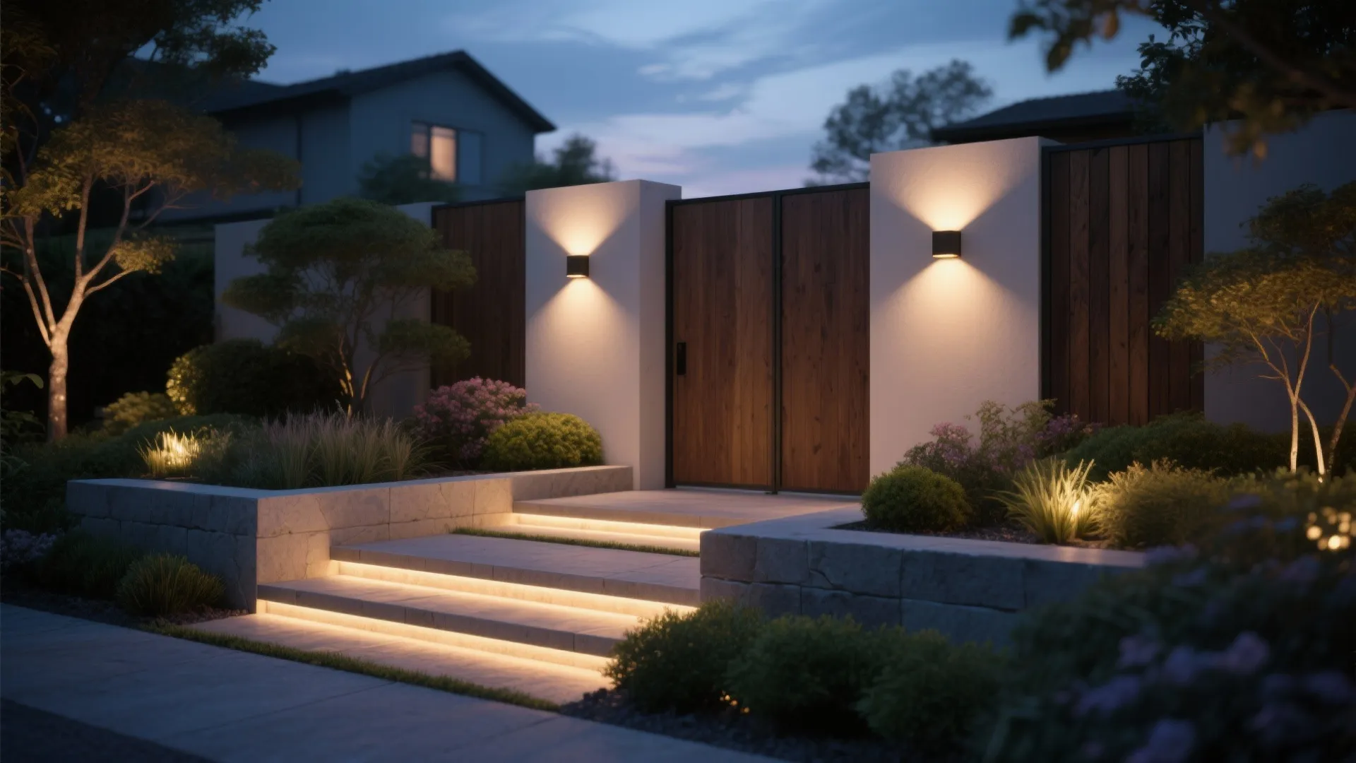 Outdoor garden entrance with warm wall lights wooden gates stone steps and beautiful green plants
