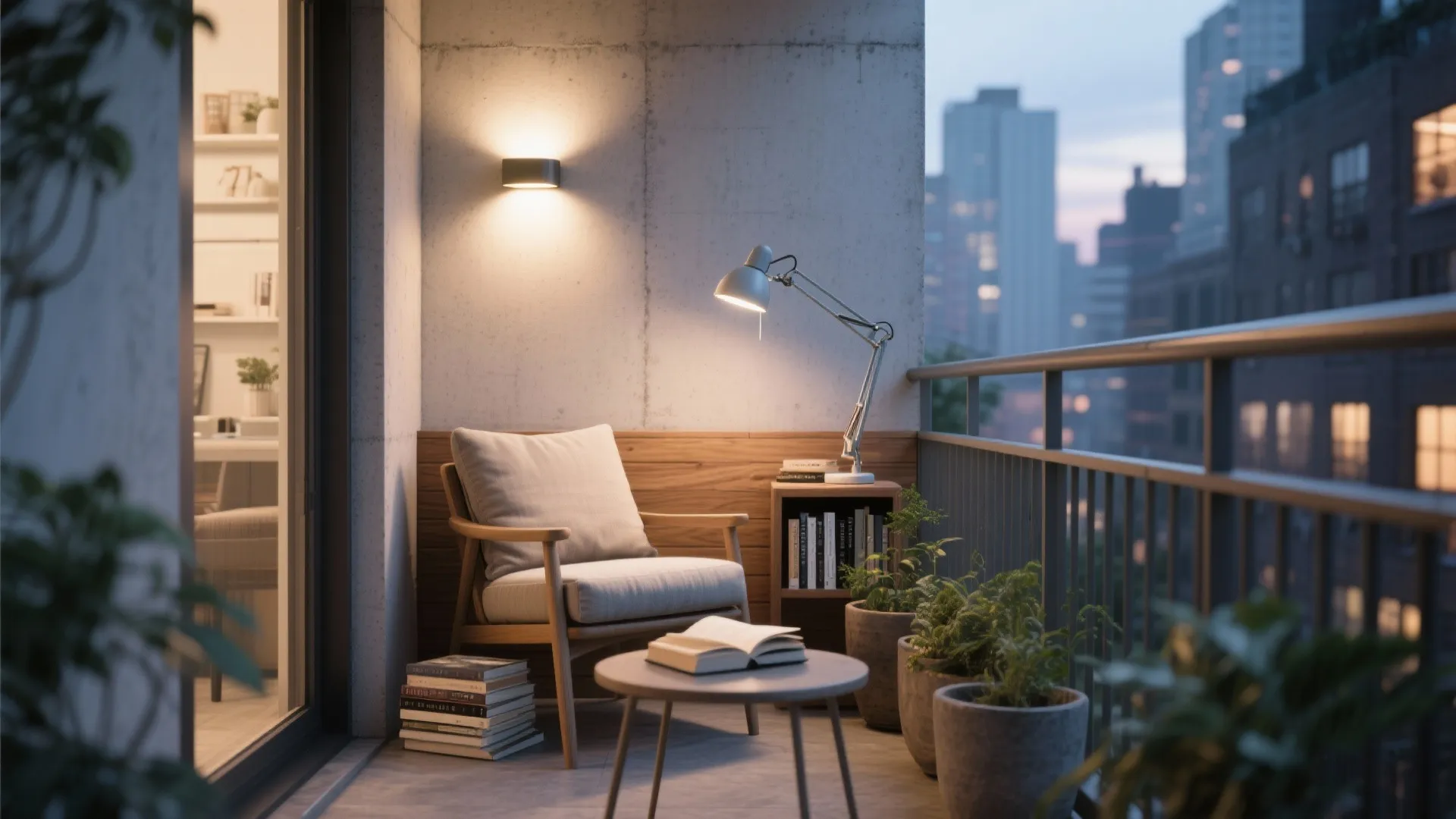 Cozy balcony at night with a chair small table wall light desk lamp and plants