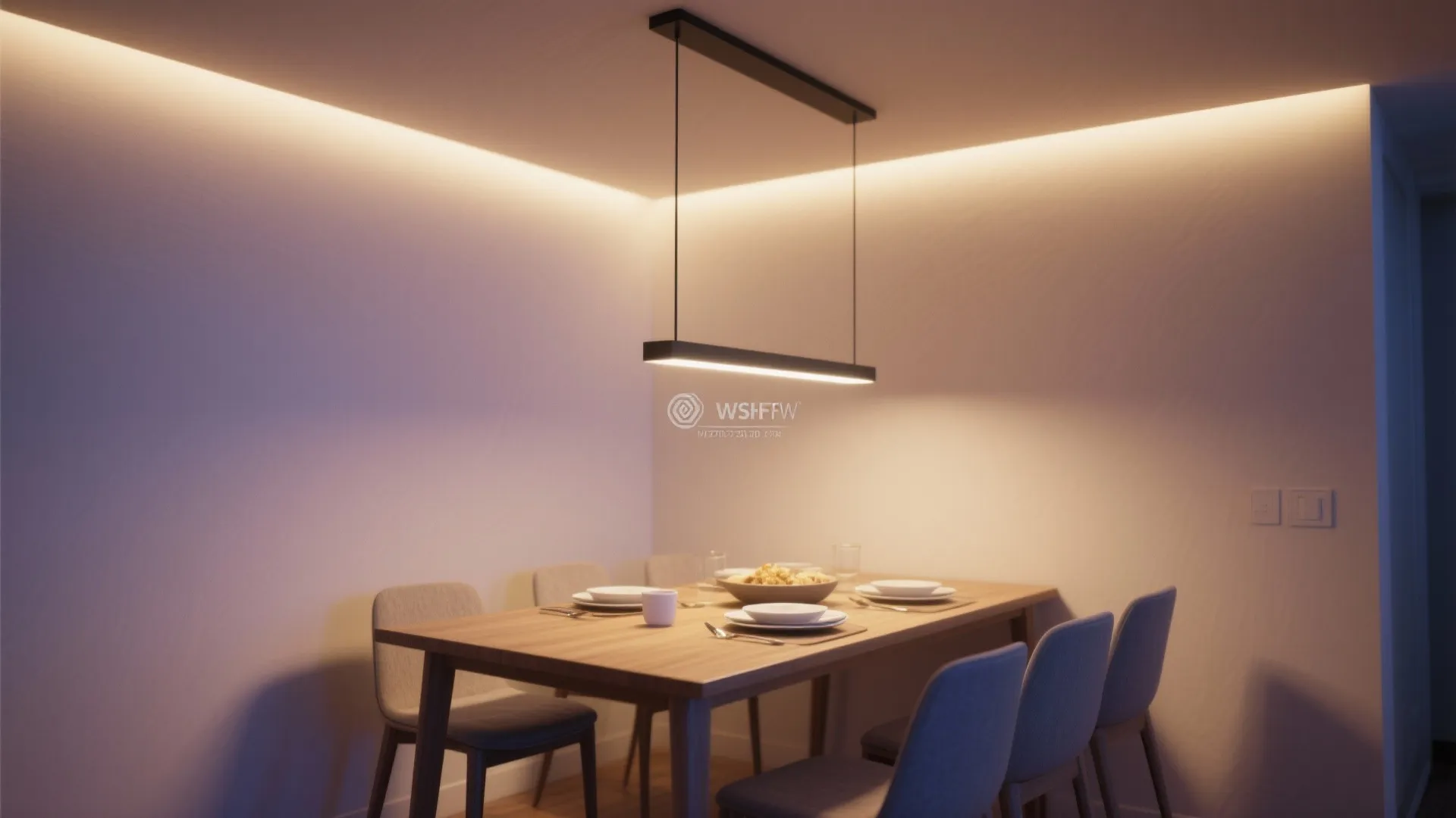 Layered lighting: ceiling, wall wash, and dim control