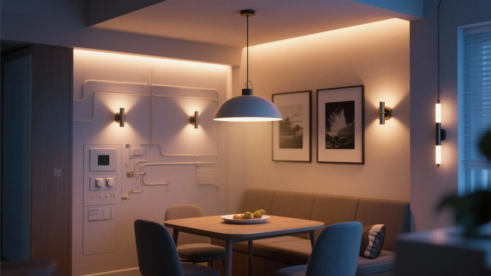 5. Layered lighting with wall sconces and pendant